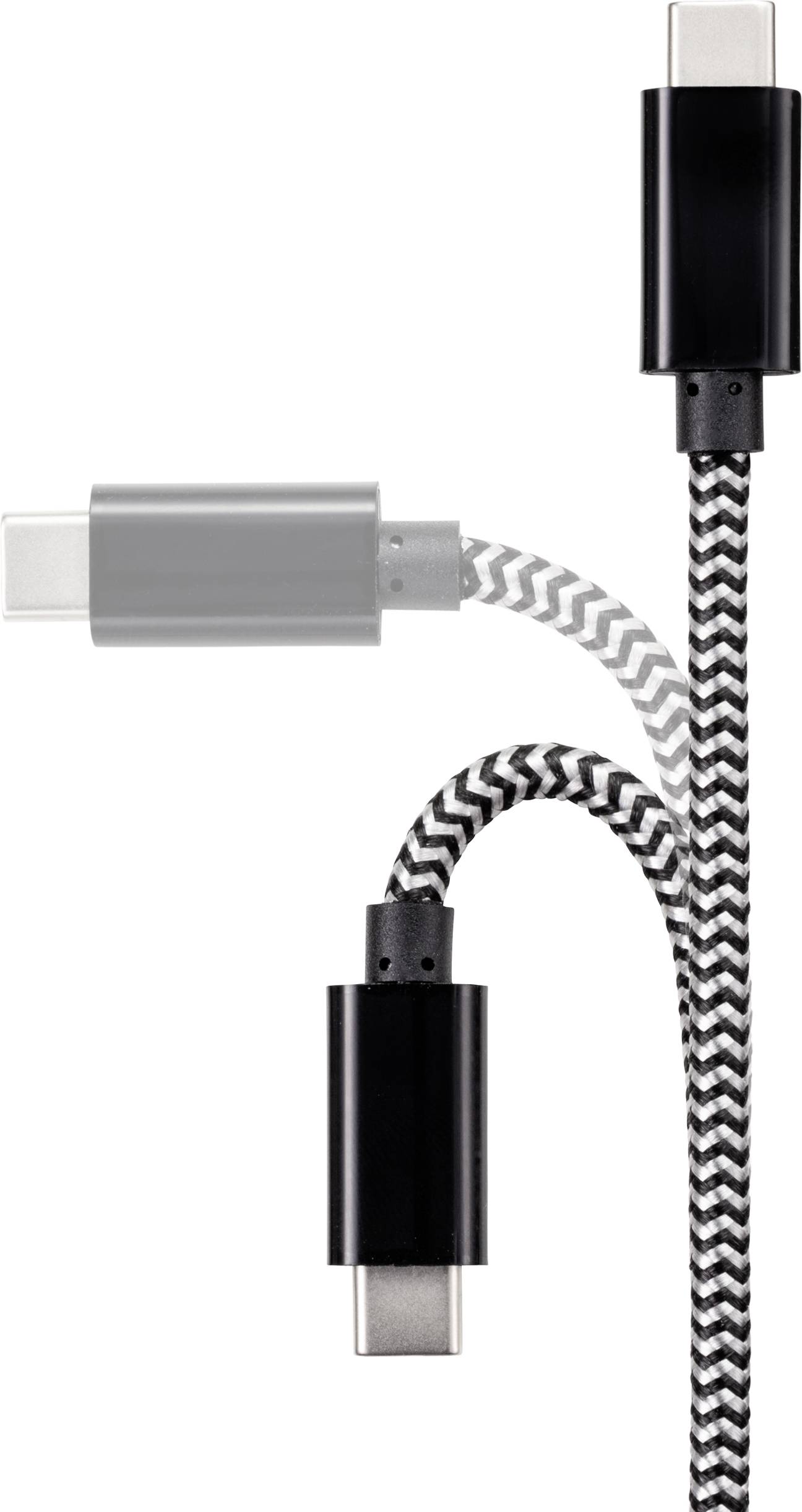 Câble USB-C tressé à motif noir et blanc, montrant les connecteurs aux deux extrémités.