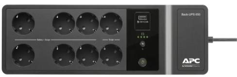 Multiprise APC avec huit prises Schuko, port USB et protection contre les surtensions. Modèle : 'Back-UPS 650'.