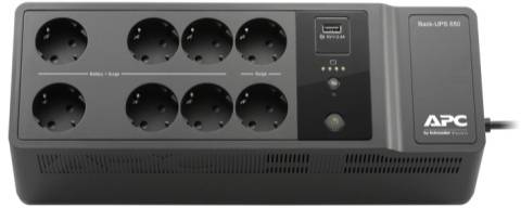 Onduleur noir avec huit prises électriques et port USB, indicateurs LED et logo APC. Conçu pour protéger les appareils électroniques en cas de coupures de courant.
