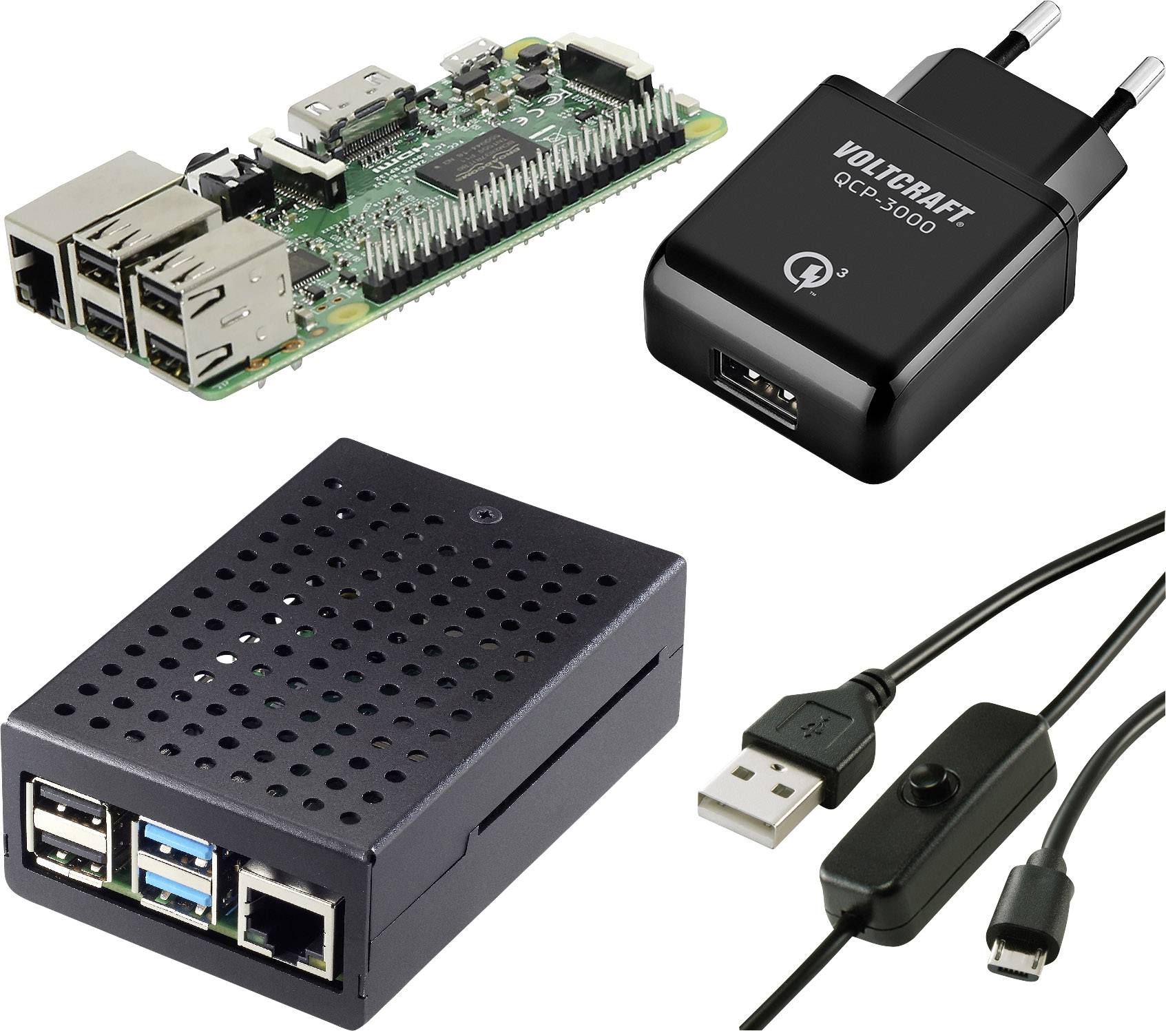 Carte Raspberry Pi avec ports Ethernet, chargeur USB noir, boîtier noir ventilé et câble USB avec interrupteur.
