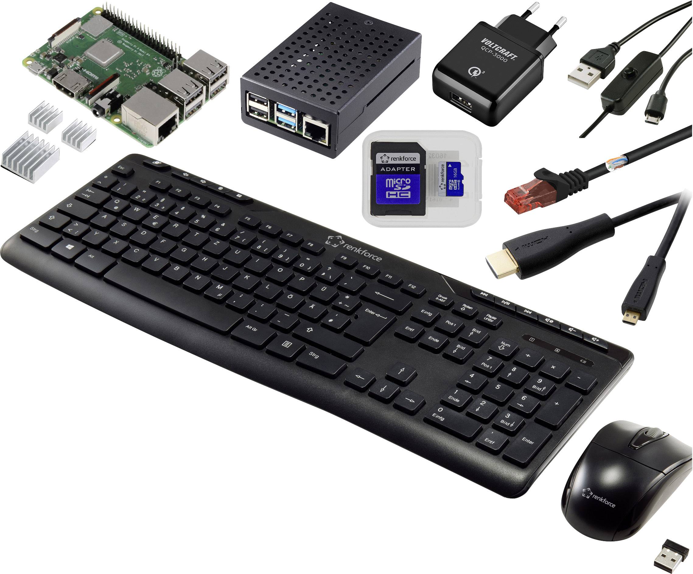 Un kit informatique comprenant un clavier, une souris, une carte de microordinateur, un boîtier, une alimentation, un câble Ethernet et un câble HDMI. Contient également une carte mémoire.