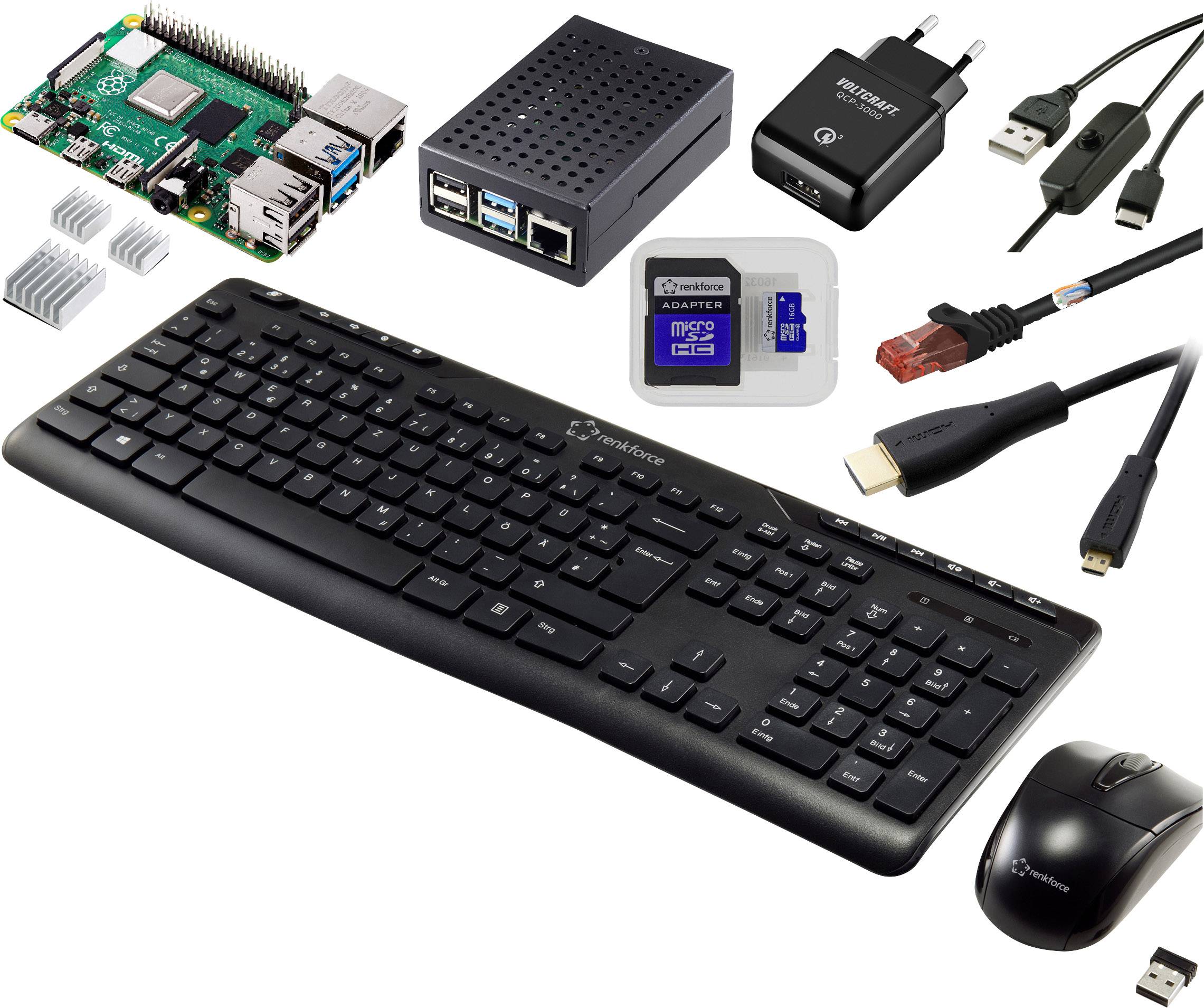 Kit Raspberry Pi avec accessoires : carte mère, boîtier, alimentation, câble HDMI, câble Ethernet, carte microSD, clavier et souris noirs.