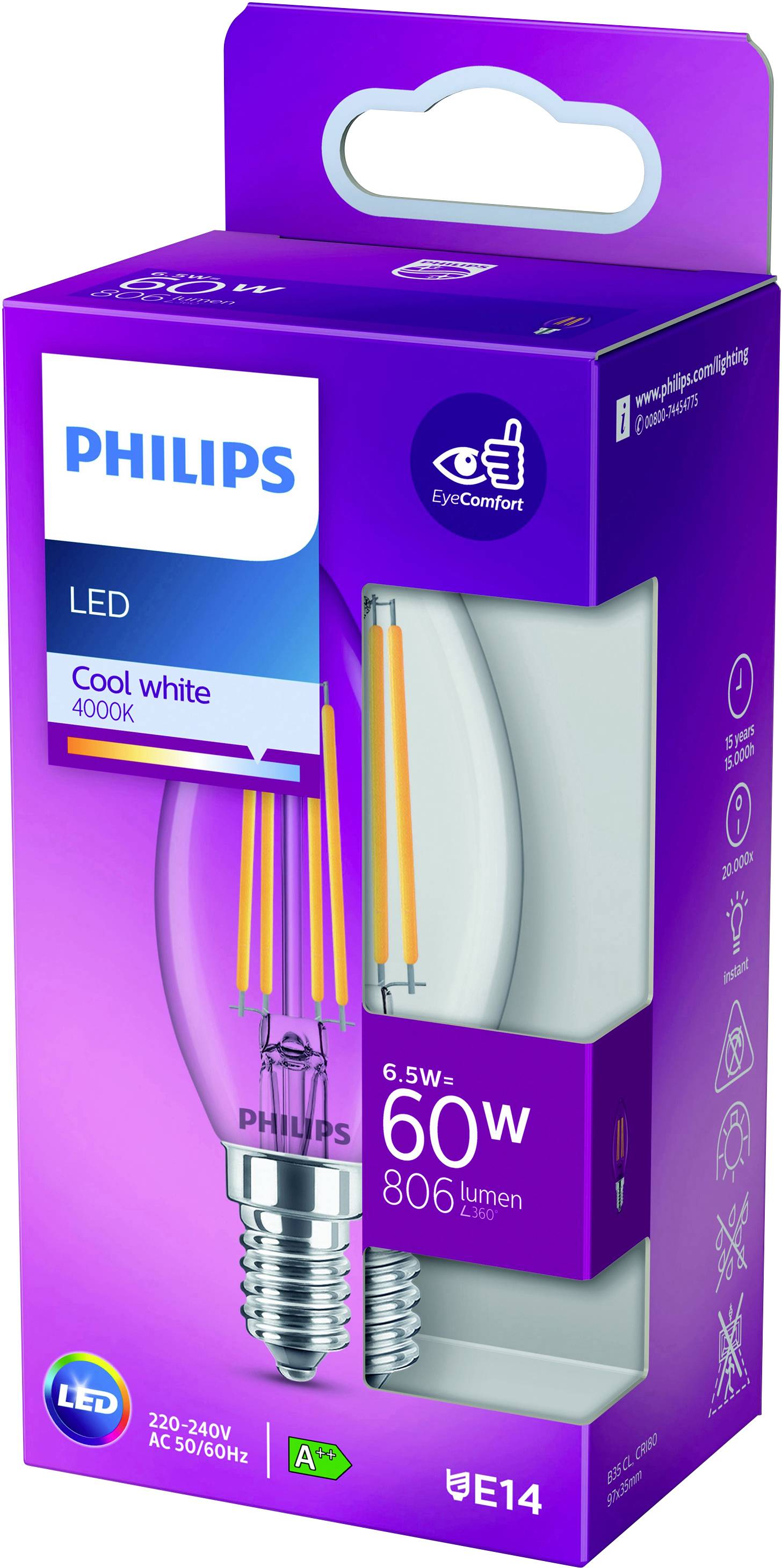 Philips LED 76221600 LED CEE E (A - G) E14 6.5 W = 60 W blanc froid (Ø x L) 3.5 cm x 9.7 cm 1 pc(s)