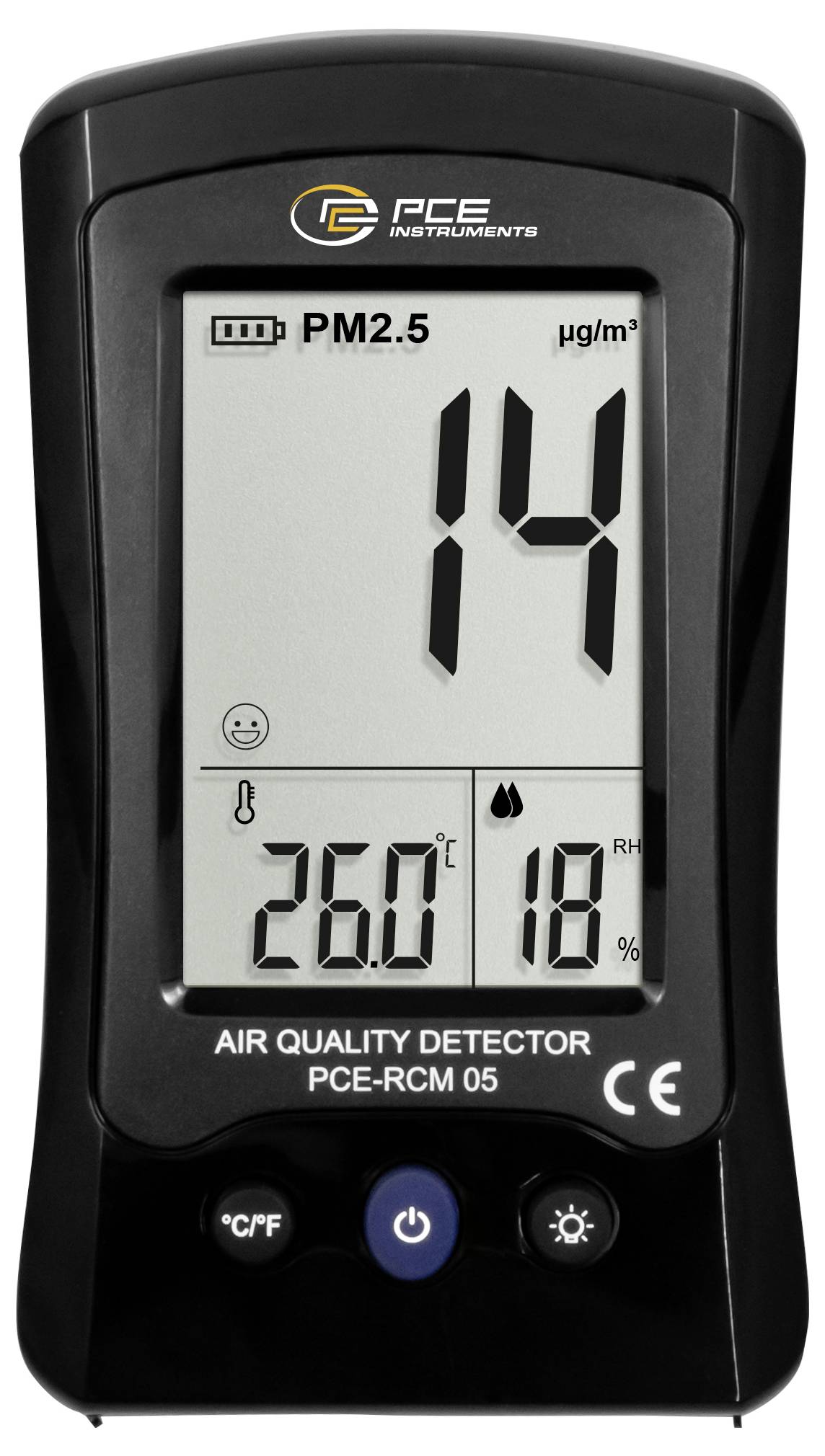 Affichage du détecteur numérique de qualité de l'air montrant PM2,5 à 14 µg/m³, température 26,0°C et humidité 18% RH.