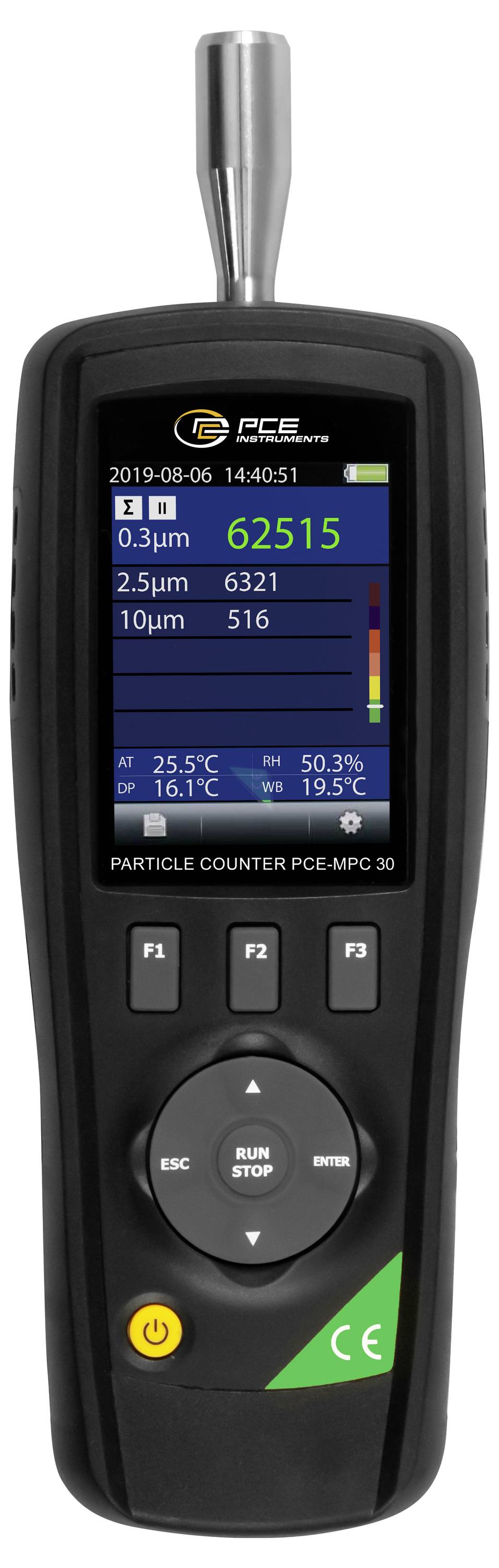 Compteur de particules portatif affichant des lectures en direct de la qualité de l'air, avec des particules de 1,0 µm à 62 515 et des nombres de particules plus petites listés ci-dessous.