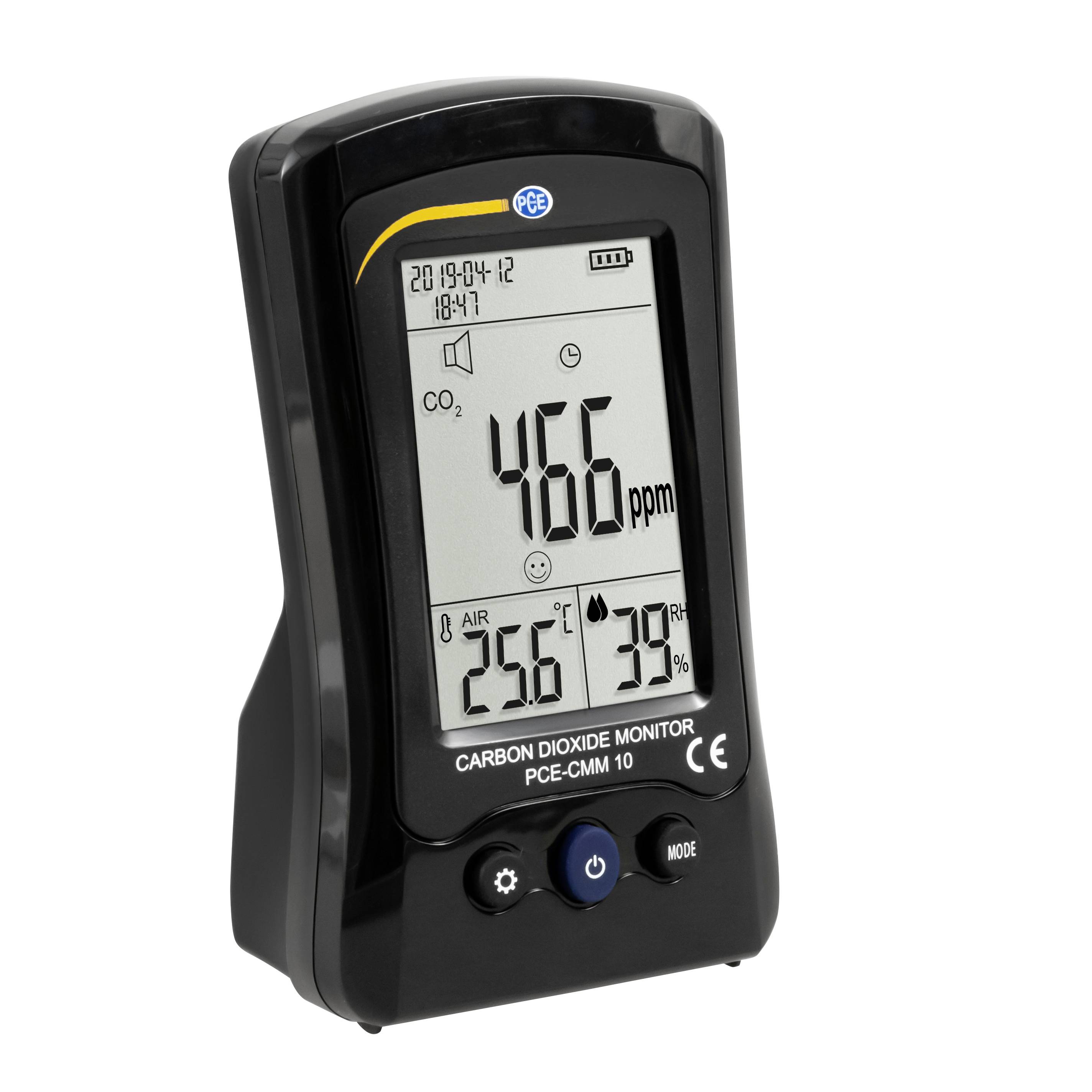 Moniteur portable de dioxyde de carbone affichant 466 ppm de CO2, une température de l'air de 25,6 °C et une humidité de 39% sur un écran numérique.