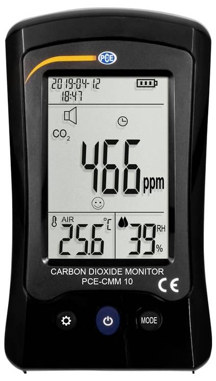 Moniteur portable de dioxyde de carbone affichant le CO2 à 466 ppm, la température de l'air 25,6°C et l'humidité 39% HR.