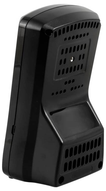 Appareil électronique noir monté au mur avec panneaux ventilés, présenté en vue de profil sur fond blanc.