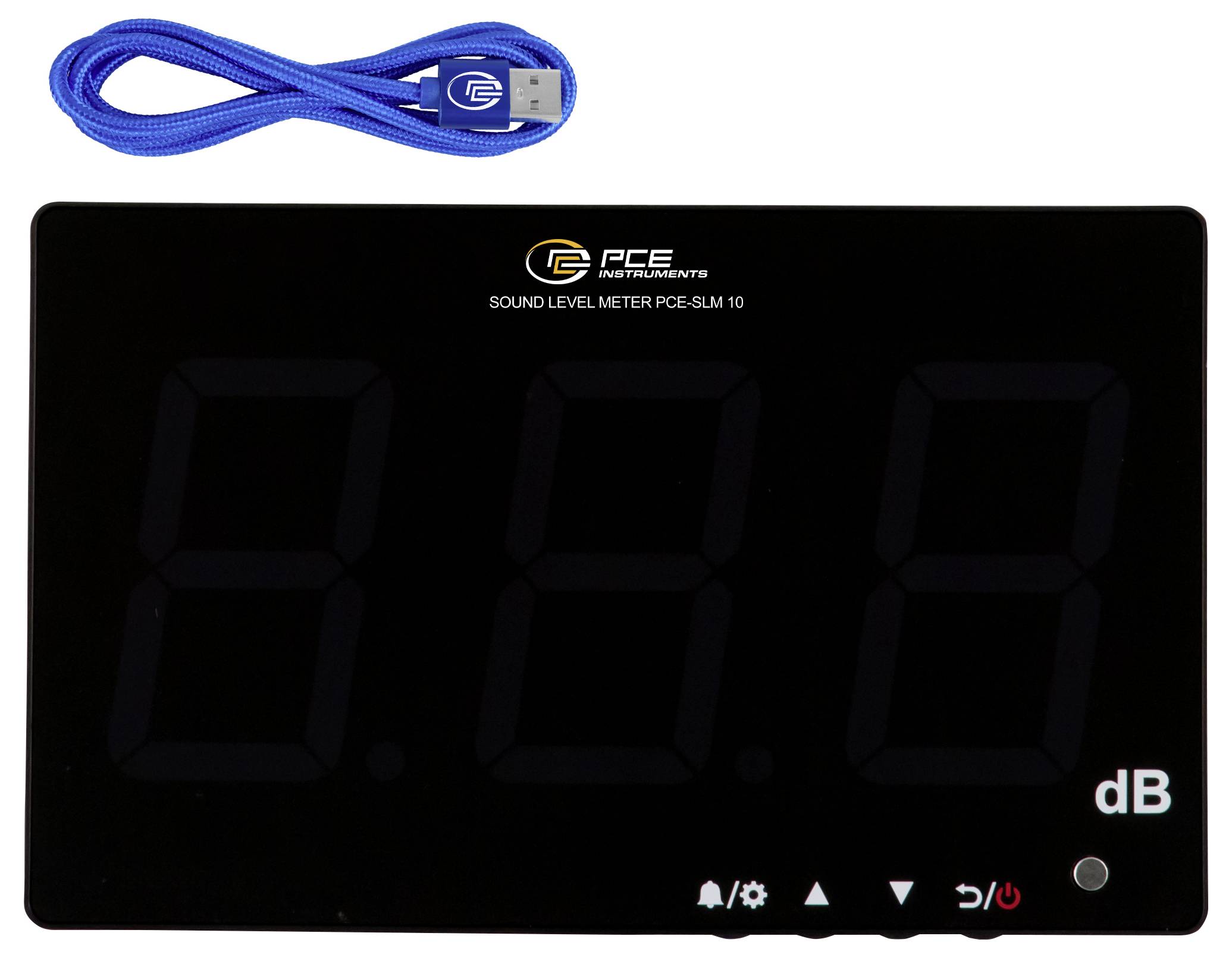 Sonomètre PCE Instruments noir avec grand écran numérique affichant les dB, plus un câble USB bleu au-dessus.