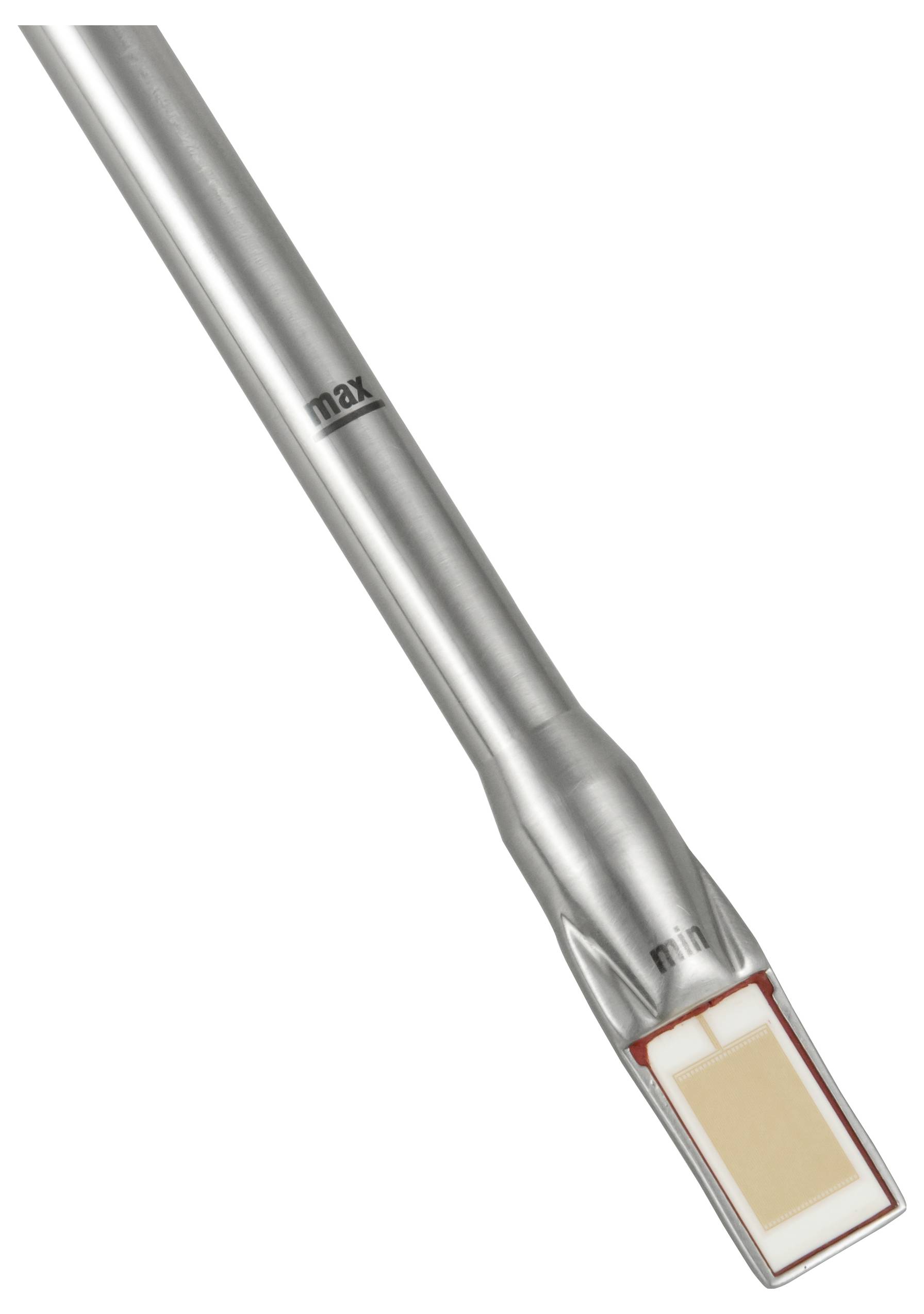 Sonde de capteur cylindrique métallique avec les marquages « max » et « min », se terminant par une pointe rectangulaire avec un panneau beige.