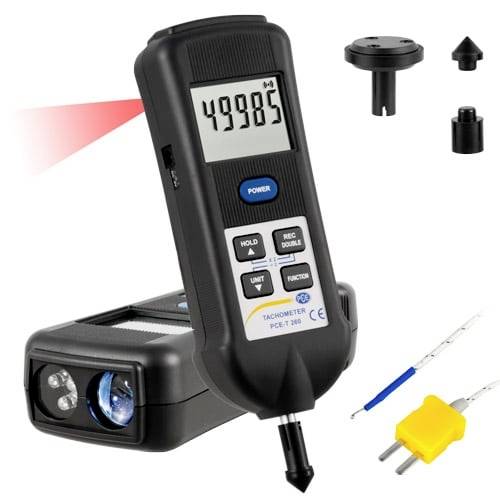Kit tachymètre numérique portatif montrant un compteur noir avec affichage LCD affichant 49985, base de capteur optique, adaptateurs interchangeables et sondes.