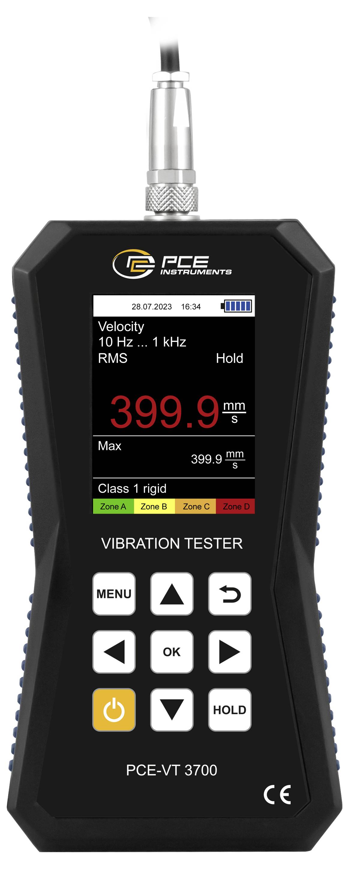 Testeur de vibration PCE portatif affichant une lecture en direct de 399,9 mm/s, avec les paramètres de vélocité et les boutons de menu/navigation sur l'écran.