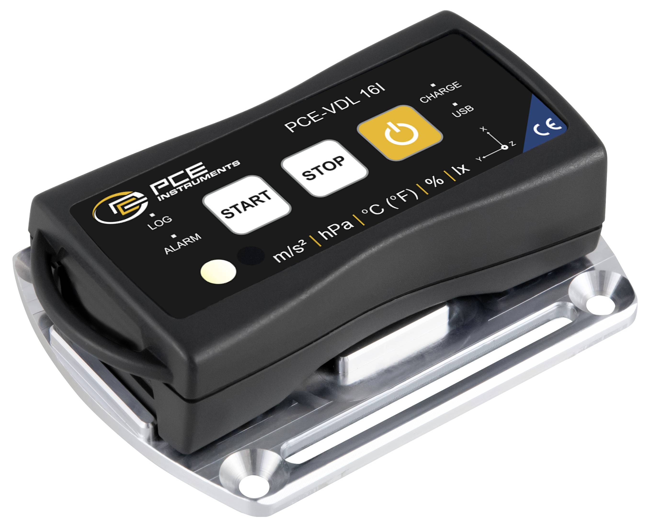 Enregistreur de données PCE-VDL 16I de Black PCE Instruments sur un support métallique, avec des boutons DÉMARRER, ARRÊTER et d'alimentation pour enregistrer les mesures.