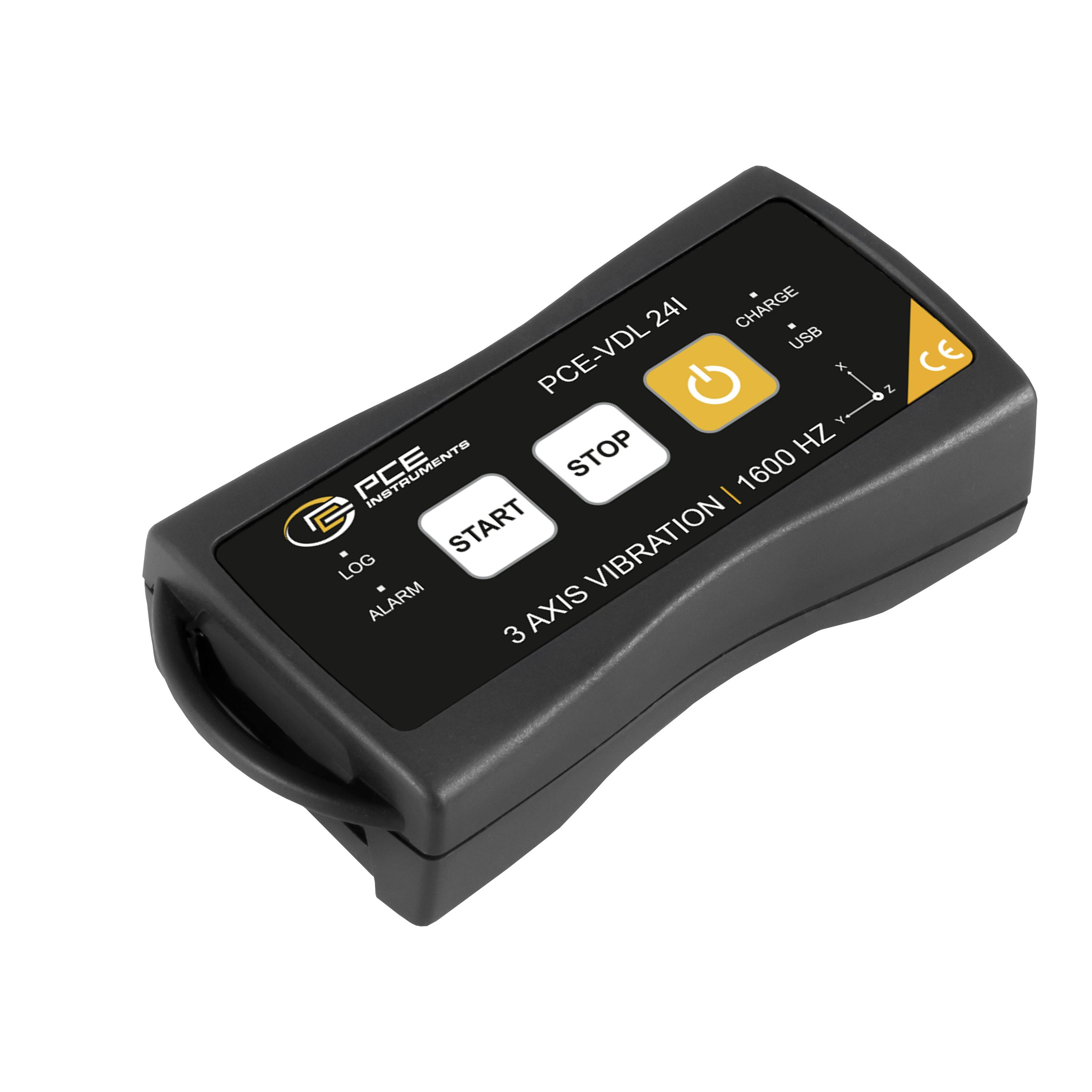 Enregistreur de vibrations à 3 axes PCE VDL 241 noir avec boutons DÉMARRER et ARRÊTER, icône d'alimentation et indicateur de charge USB sur fond blanc.