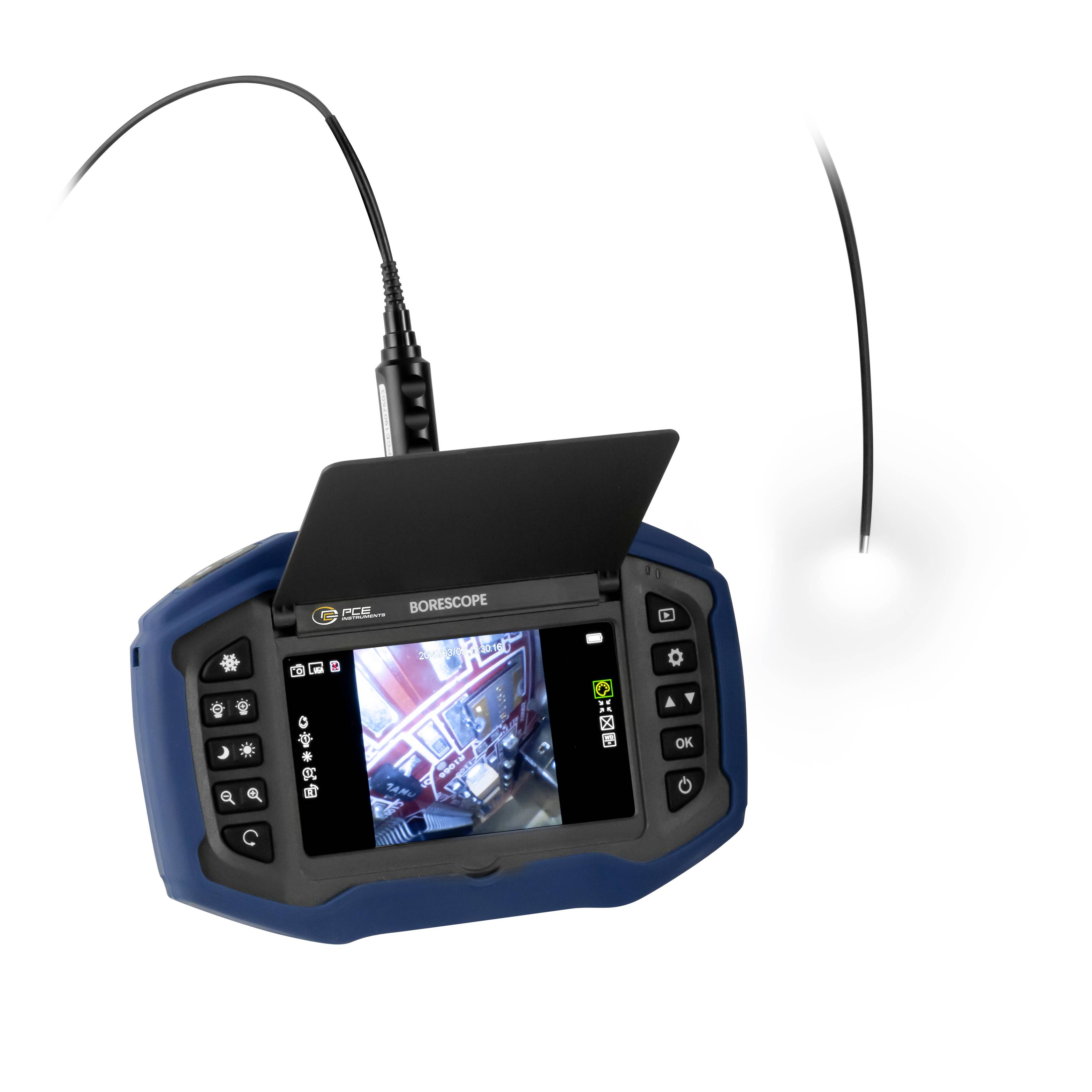 Caméra d'inspection endoscope portable avec sonde flexible et écran intégré affichant la vue en direct.