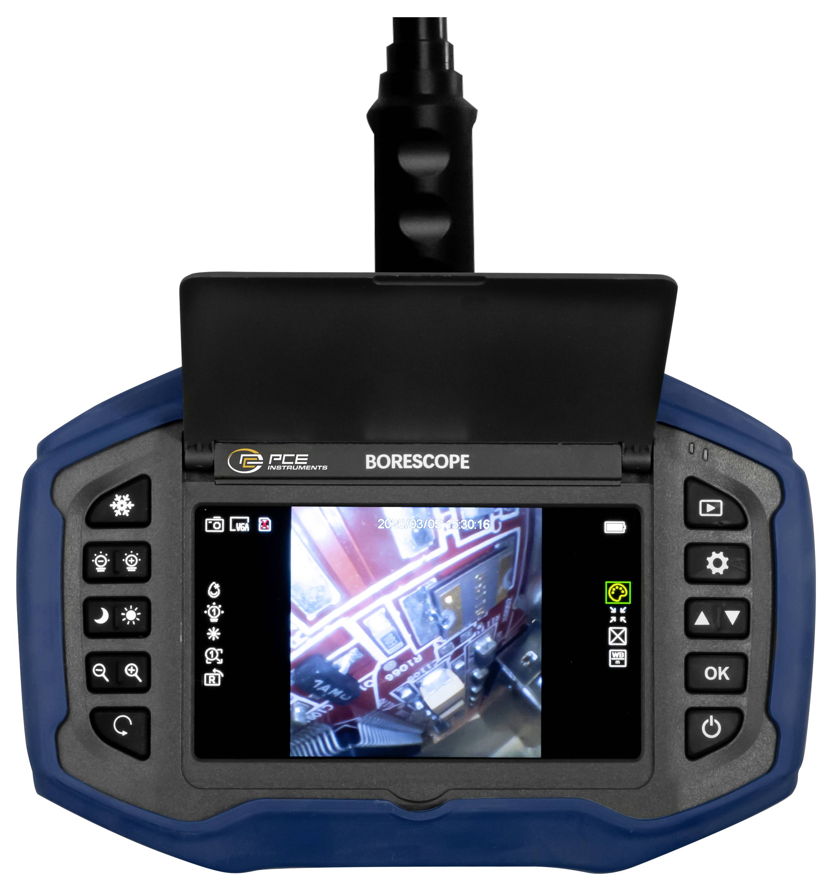 Endoscope portatif avec écran intégré affichant une vue d'inspection en direct, entouré de boutons de commande et d'une sonde flexible.