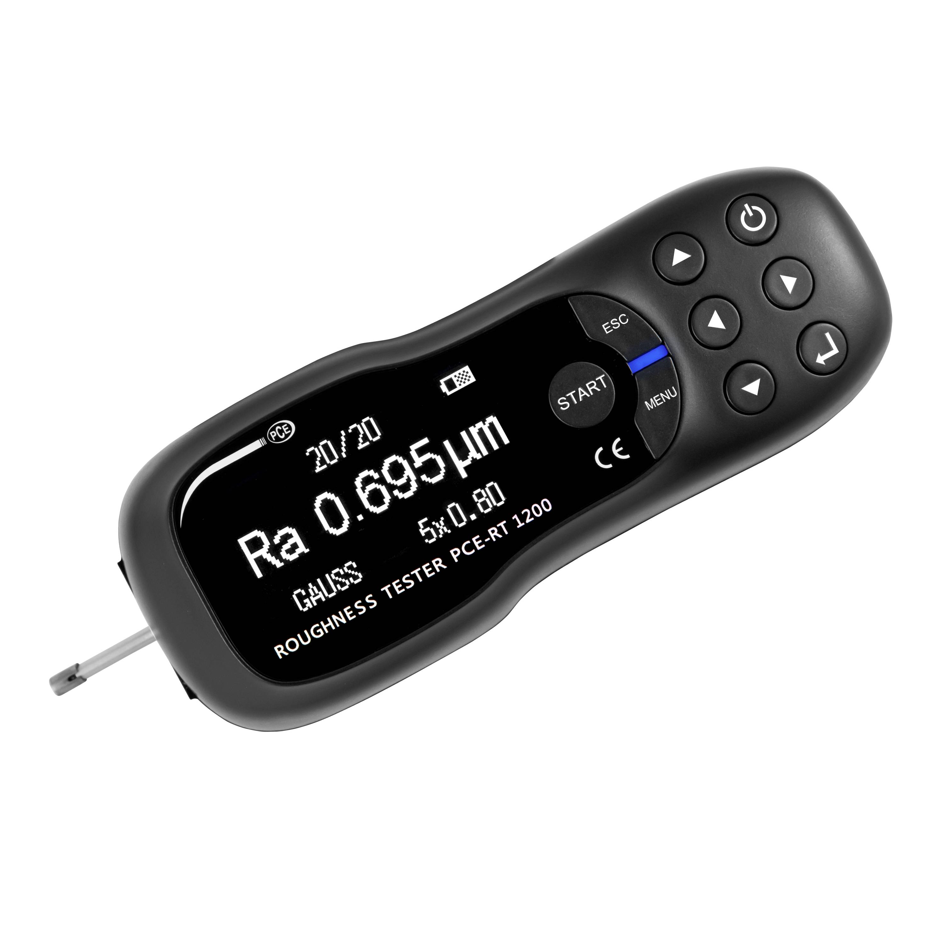 Testeur de rugosité portatif affichant Ra 0,695µm sur son écran, avec des boutons de commande sur la droite et une sonde s'étendant de la gauche.