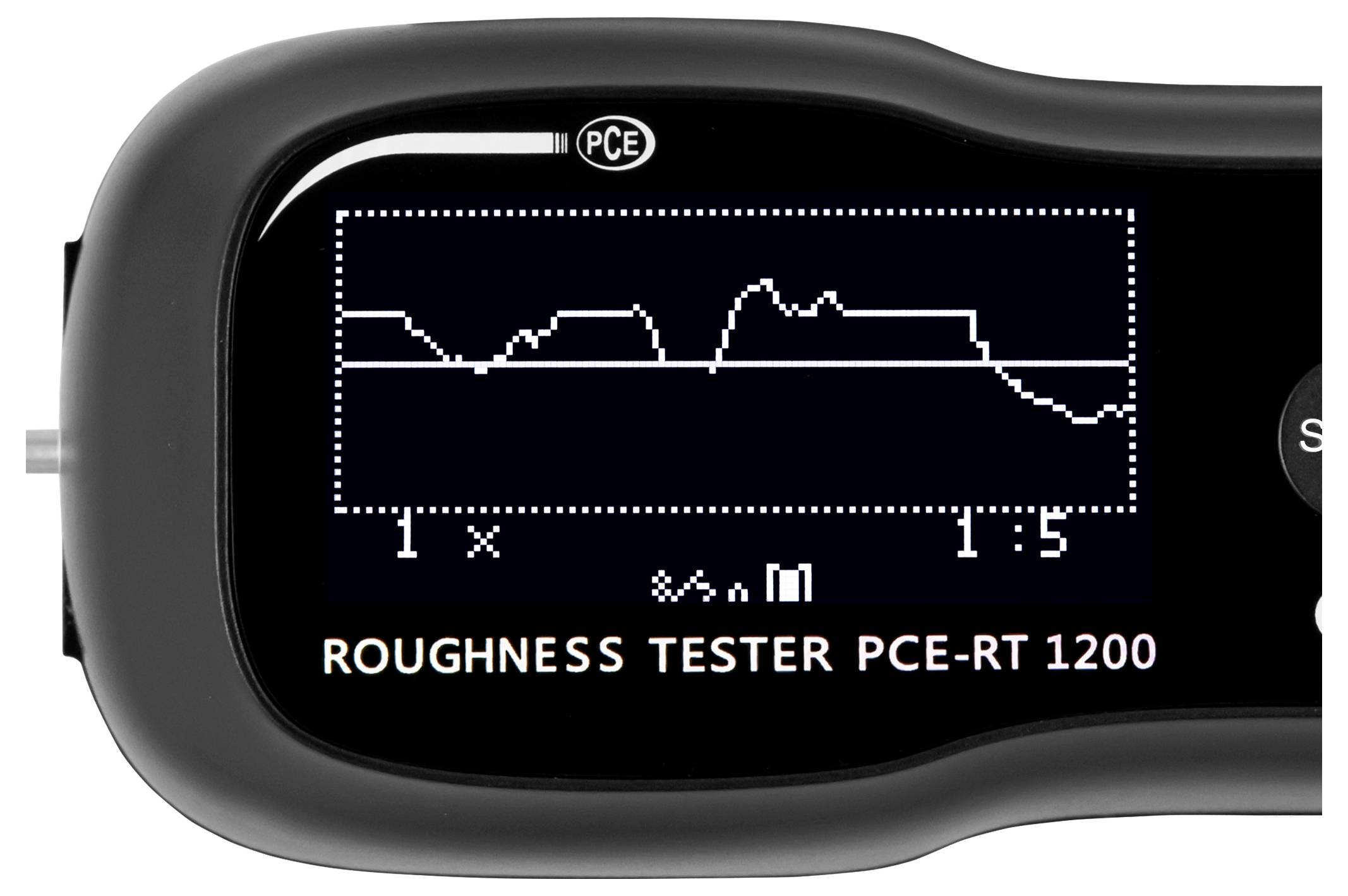Affichage du testeur de rugosité numérique montrant un graphique de profil de surface et l'étiquette « TESTEUR DE RUGOSITÉ PCE-RT 1200 ».