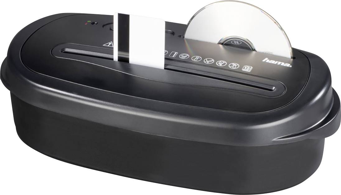 Petit destructeur de documents en noir, adapté pour le papier et les CD. L'image montre des bandes de papier et un CD déchiqueté.