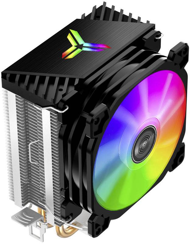 Un dissipateur thermique de CPU équipé d'un grand ventilateur RGB aux couleurs vives et arborant un logo X stylisé sur le corps du radiateur.