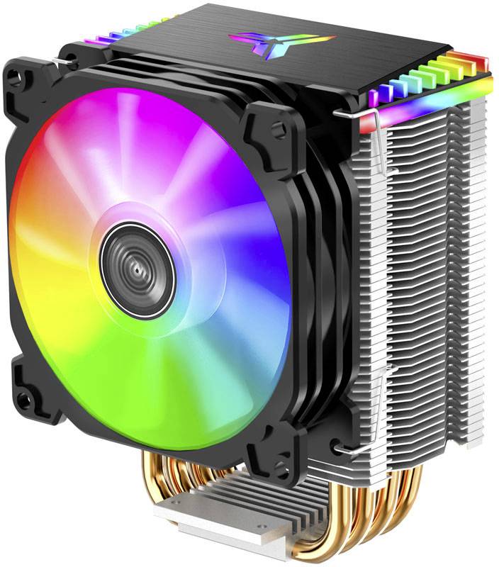 Un dissipateur thermique de CPU éclairé avec un ventilateur LED coloré et un radiateur, installé dans un ordinateur pour dissiper la chaleur.