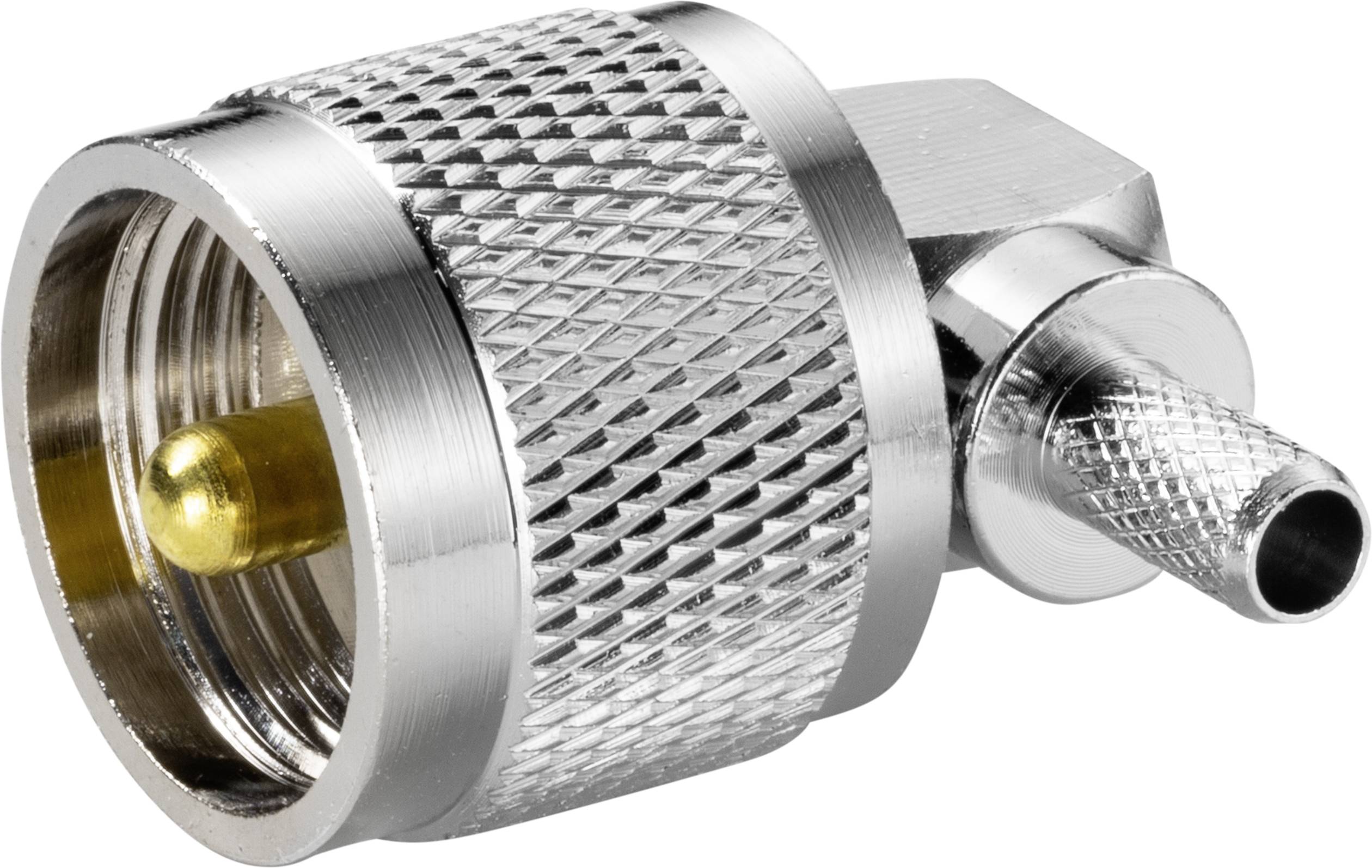 Connecteur RF métallique à surface texturée et broche centrale dorée, adapté aux connexions de câbles coaxiaux.