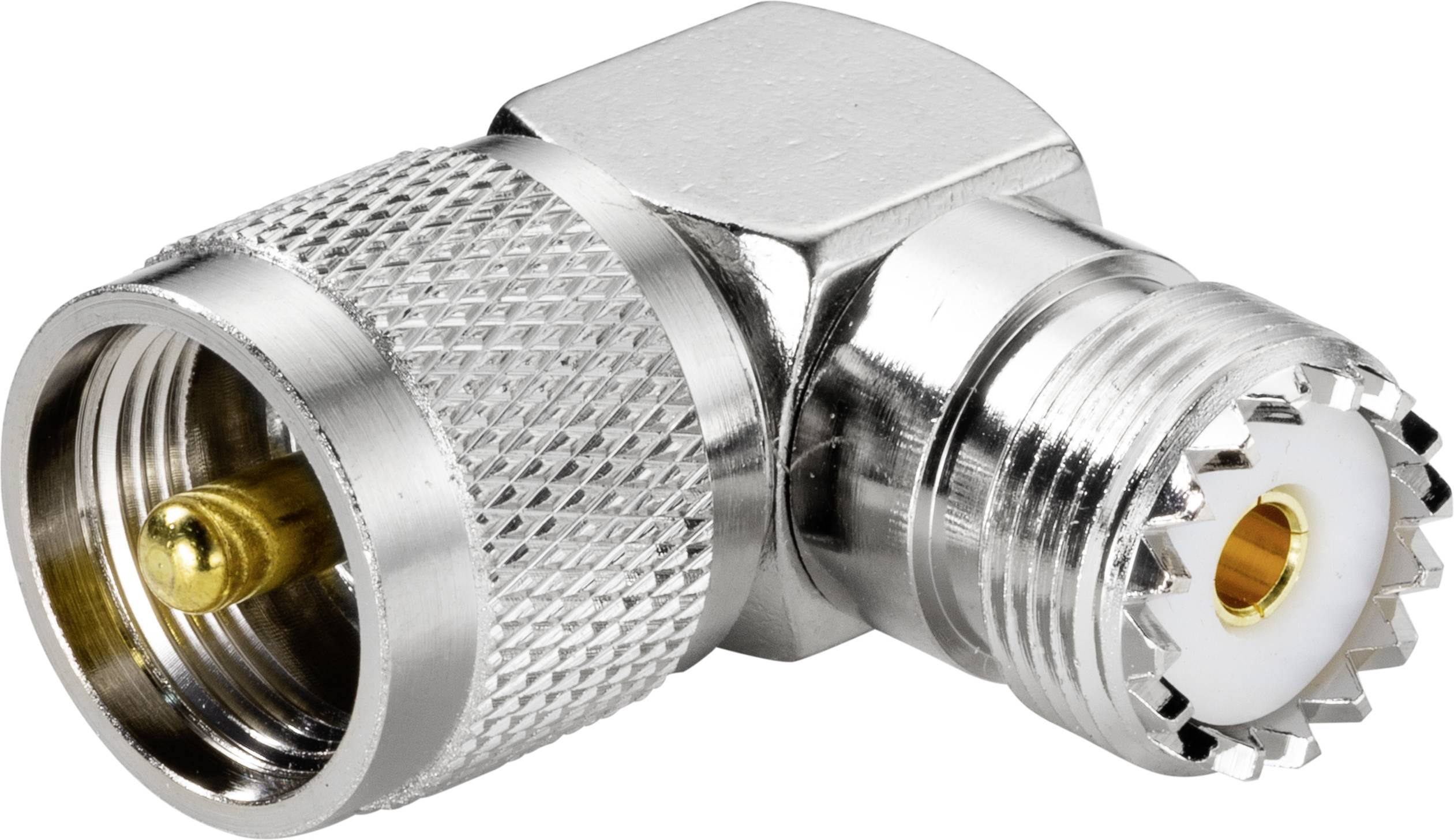 Un adaptateur coaxial argenté à angle droit, brillant et détaillé avec des connexions à vis aux deux extrémités.