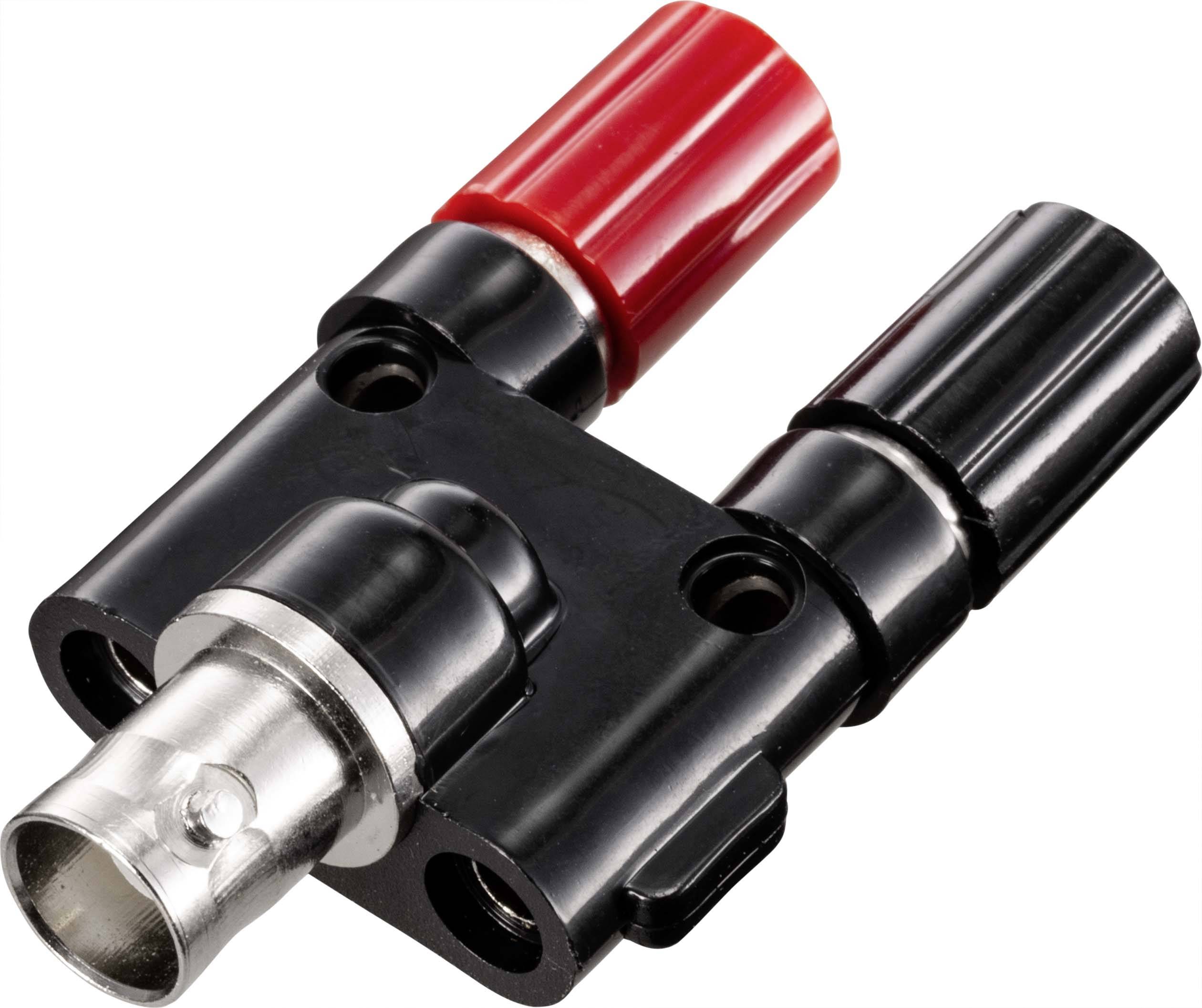 Adaptateur fiche banane : Un adaptateur noir avec deux connexions, une rouge et une noire. Utilisé pour connecter des câbles.
