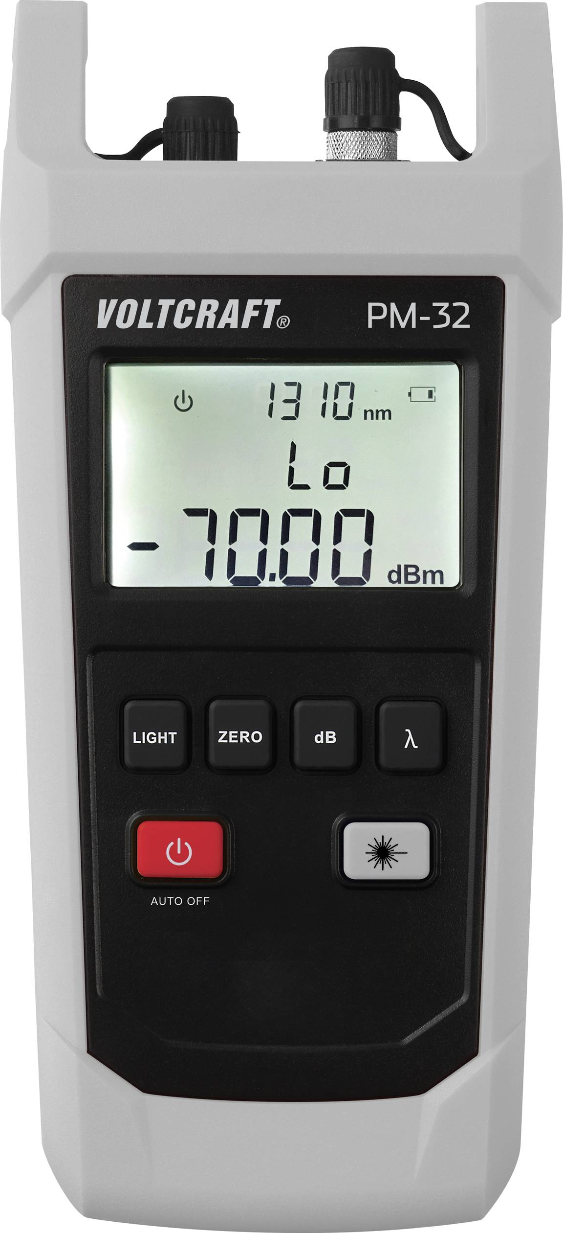 Mesureur de puissance optique affichant -70,00 dBm et une longueur d'onde de 1310 nm. Vue de face avec touches de commande pour différentes fonctions.