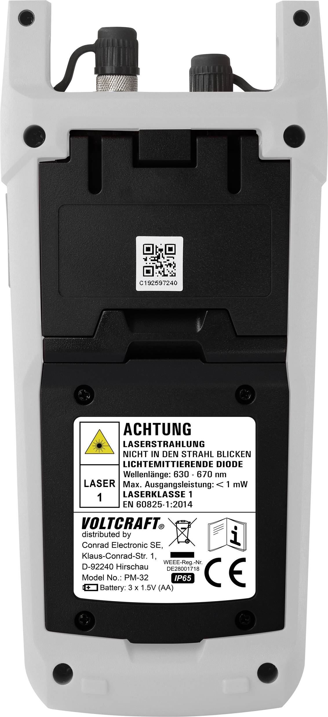 Appareil laser, vue arrière avec mise en garde : « Attention rayonnement laser. Ne pas regarder le faisceau. Classe laser 1, EN 60825-1:2014. »