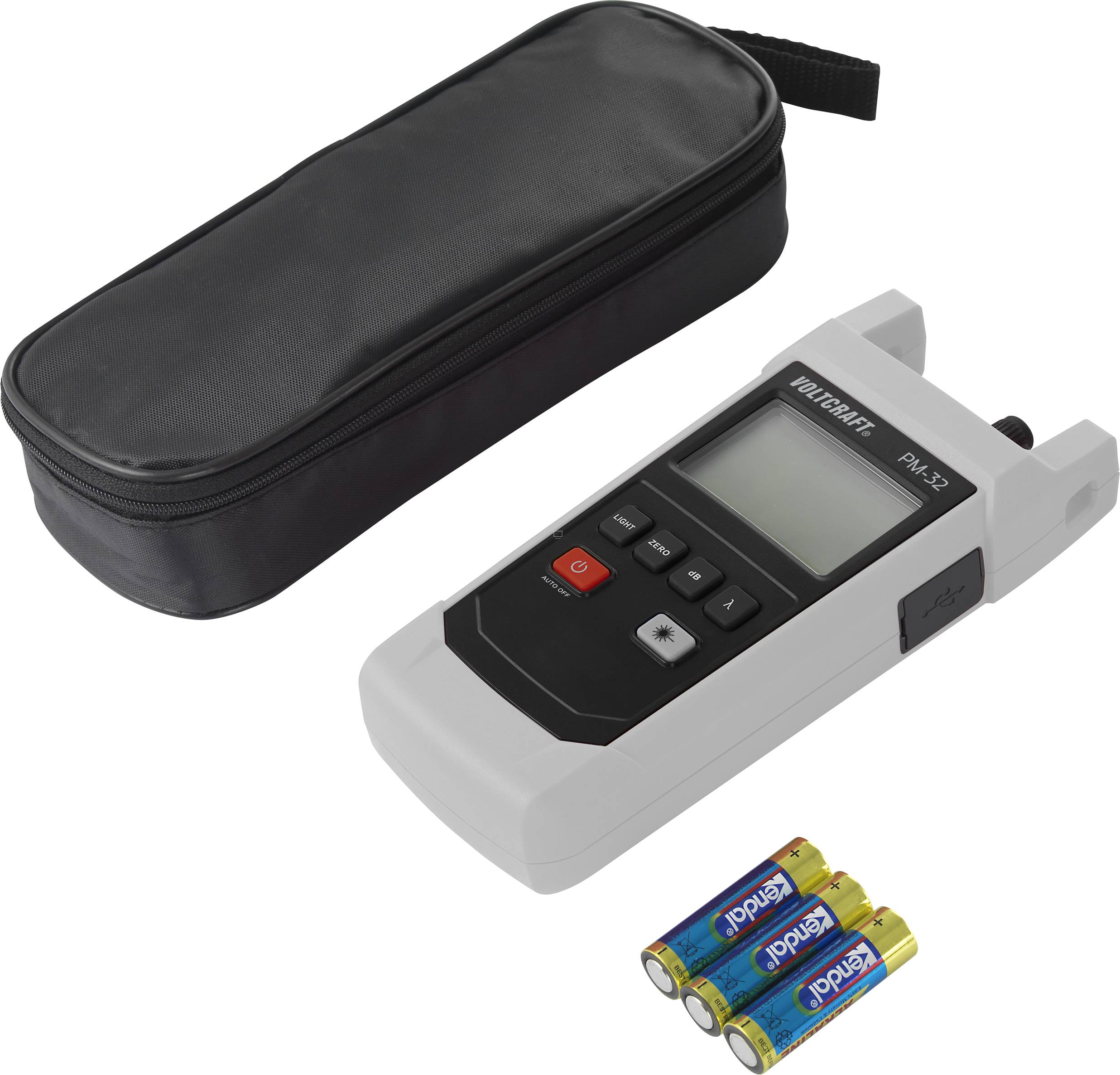 Un appareil de mesure numérique avec un écran, trois touches et deux connexions est posé à côté d'un étui noir et de trois batteries fournies.