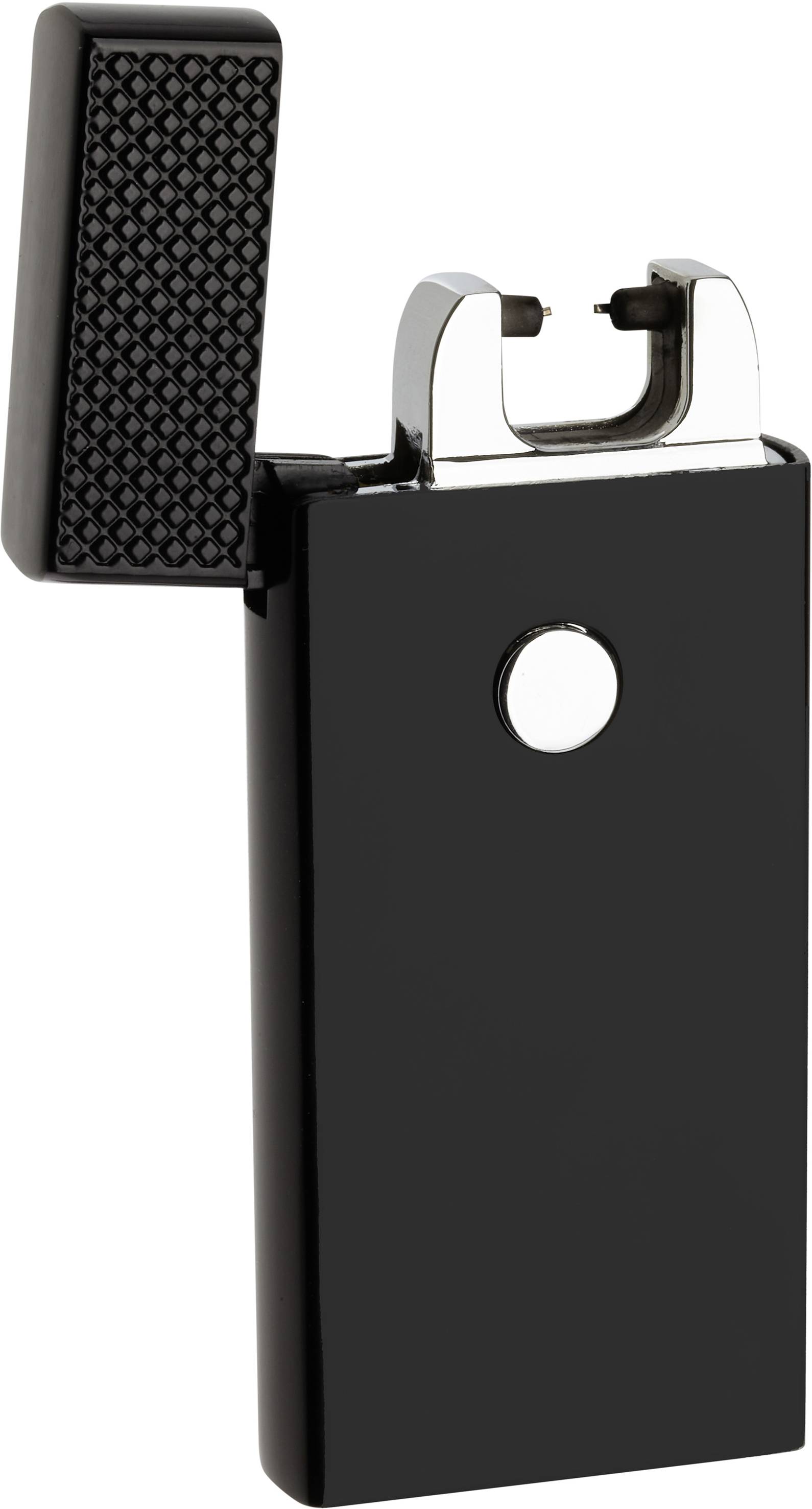 Briquet électrique à arc noir avec clapet ouvert et bouton sur le devant, adapté pour allumer des bougies ou des cigarettes.