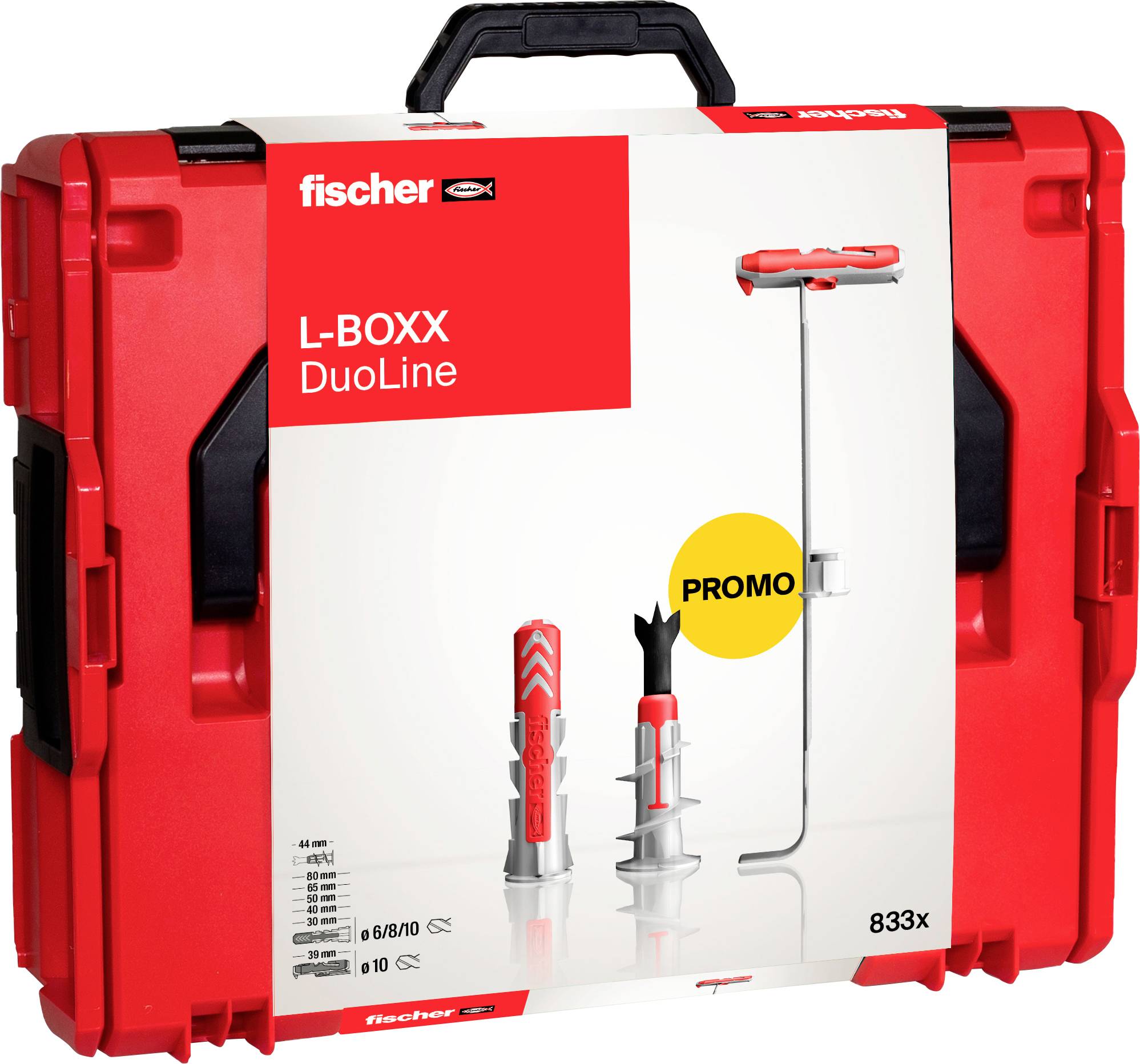Boîte de transport Rouge fischer L-BOXX DuoLine avec image promotionnelle de chevilles murales et d'un outil d'installation.