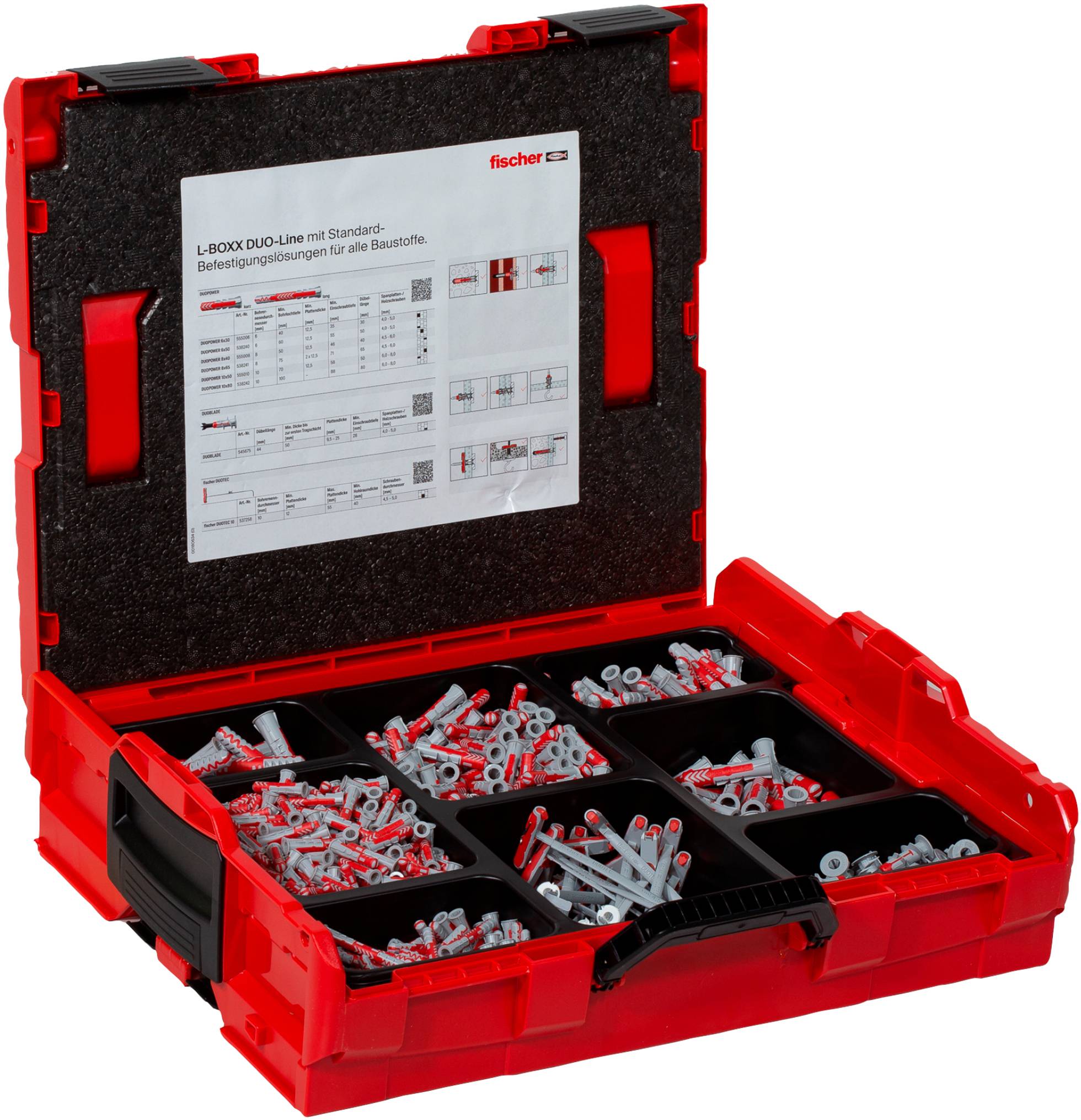 Une boîte à outils rouge étiquetée « L-BOXX DuoLine » contenant divers vis et chevilles, indiquant les quantités pour différents matériaux en allemand.