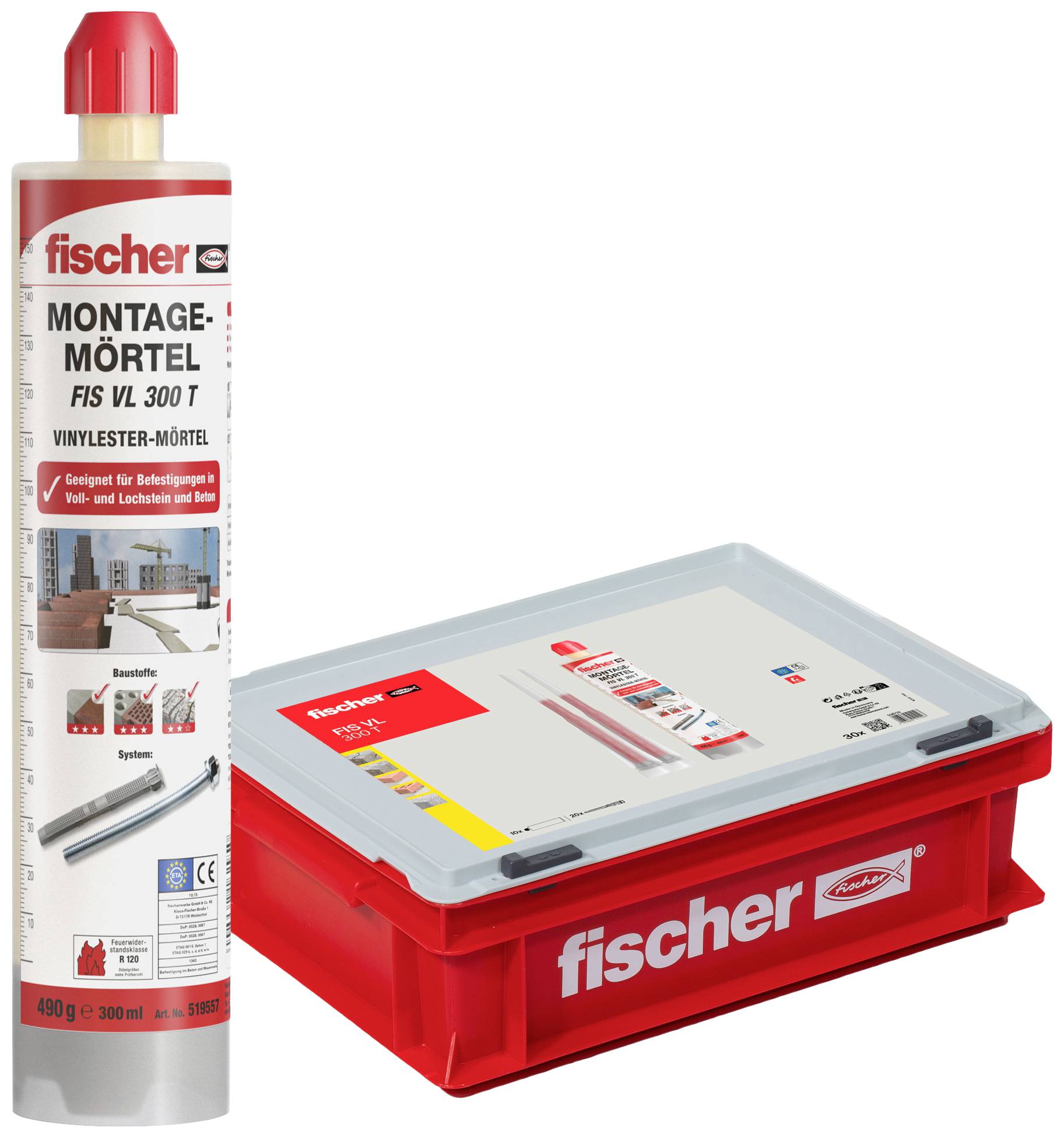 Cartouche et boîte de mortier de montage Fischer FIS VL 300 T, adaptés pour les fixations et les ancrages, sur fond blanc.