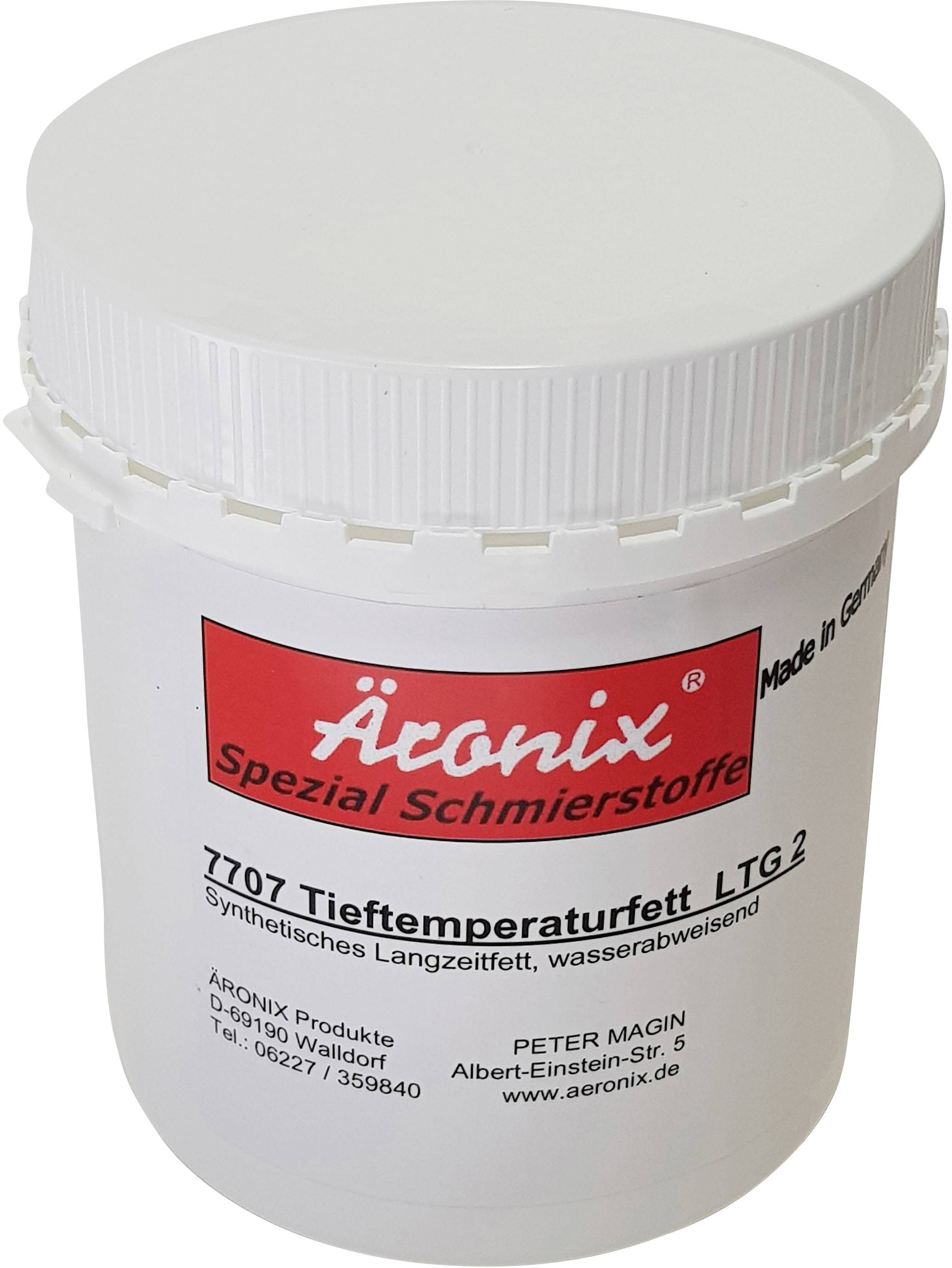 Un seau blanc avec un logo rouge de la marque 'Äronix'. Texte : 'Lubrifiants spéciaux, 7707 Graisse pour basses températures LTG 2, graisse synthétique longue durée, hydrofuge'.