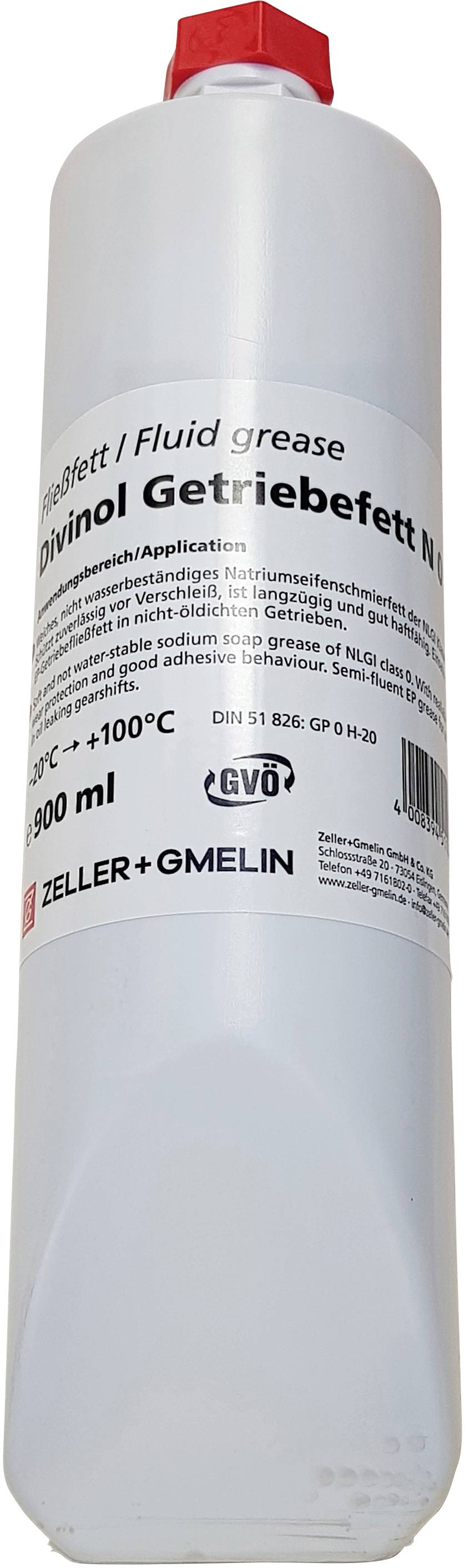 Bouteille cylindrique avec bouchon rouge et étiquette 'Divinol Getriebefett N'. Contient 900 ml de lubrifiant pour une utilisation en température de -30°C à +100°C.