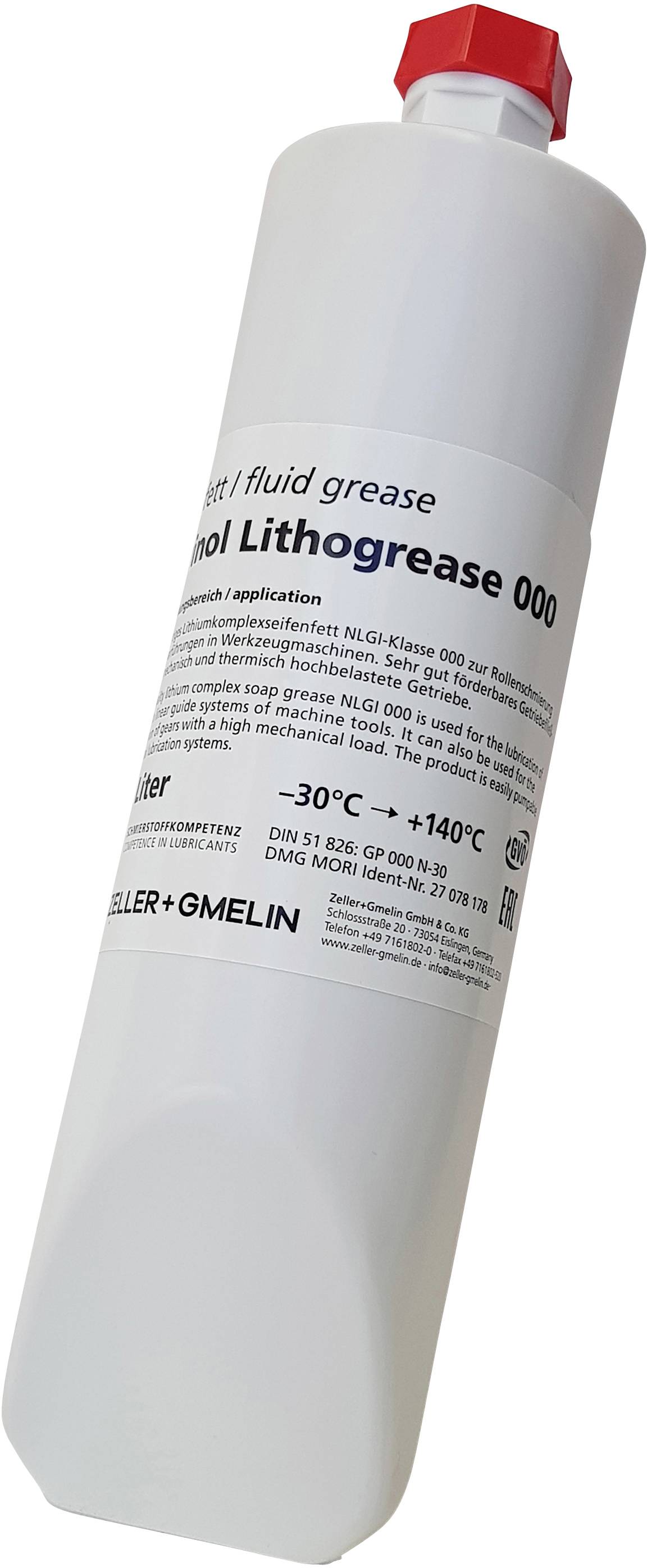Graisse liquide Mol Lithogrease 000 dans un tube avec un bouchon rouge, adaptée aux températures élevées, avec détails d'application imprimés.