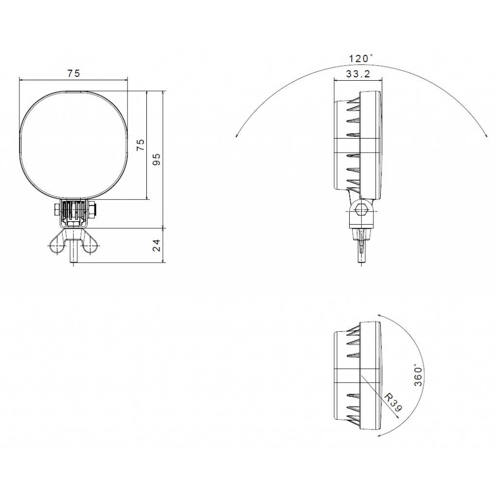 Dessin technique d'une lampe ronde avec dimensions : 75 mm de largeur, 95 mm de hauteur. Présente une vue latérale et une vue de dessus avec des angles de rotation de 120° et 360°.