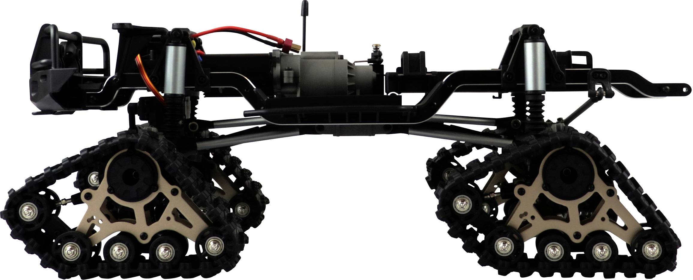 Un modèle de châssis de véhicule tout-terrain à transmission par chaînes et amortisseurs, vu de côté, sans carrosserie ni superstructures.