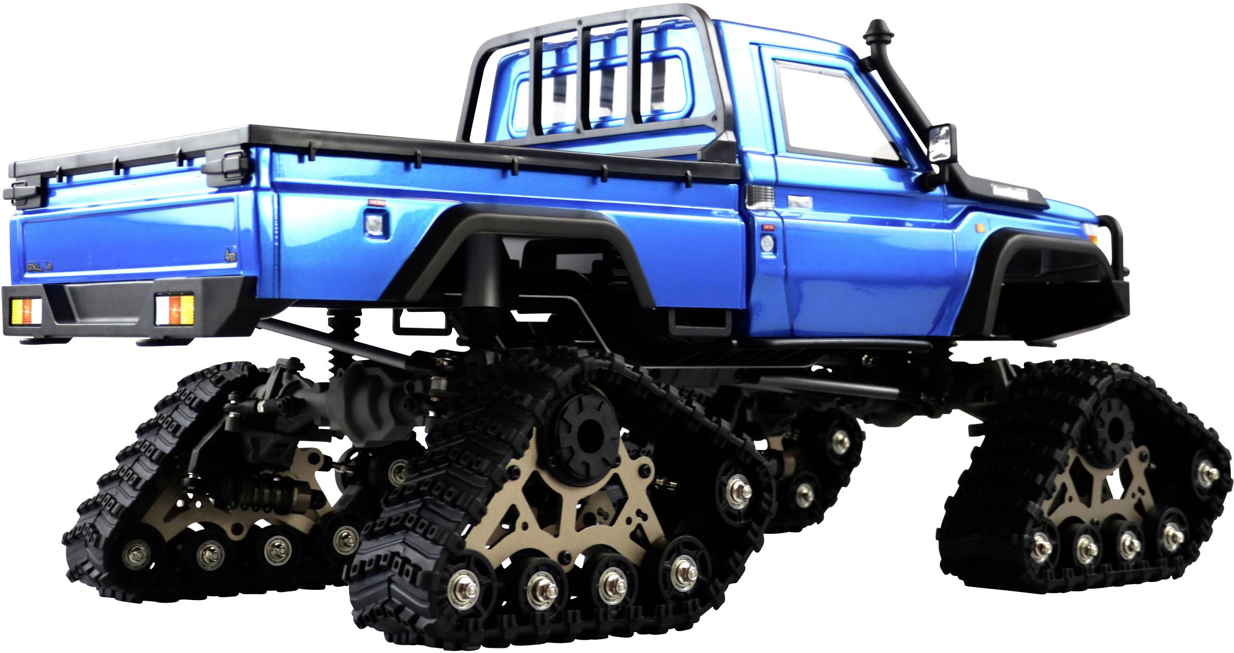 Un véhicule tout-terrain bleu équipé de chenilles à la place des roues, adapté aux terrains difficiles et impraticables.