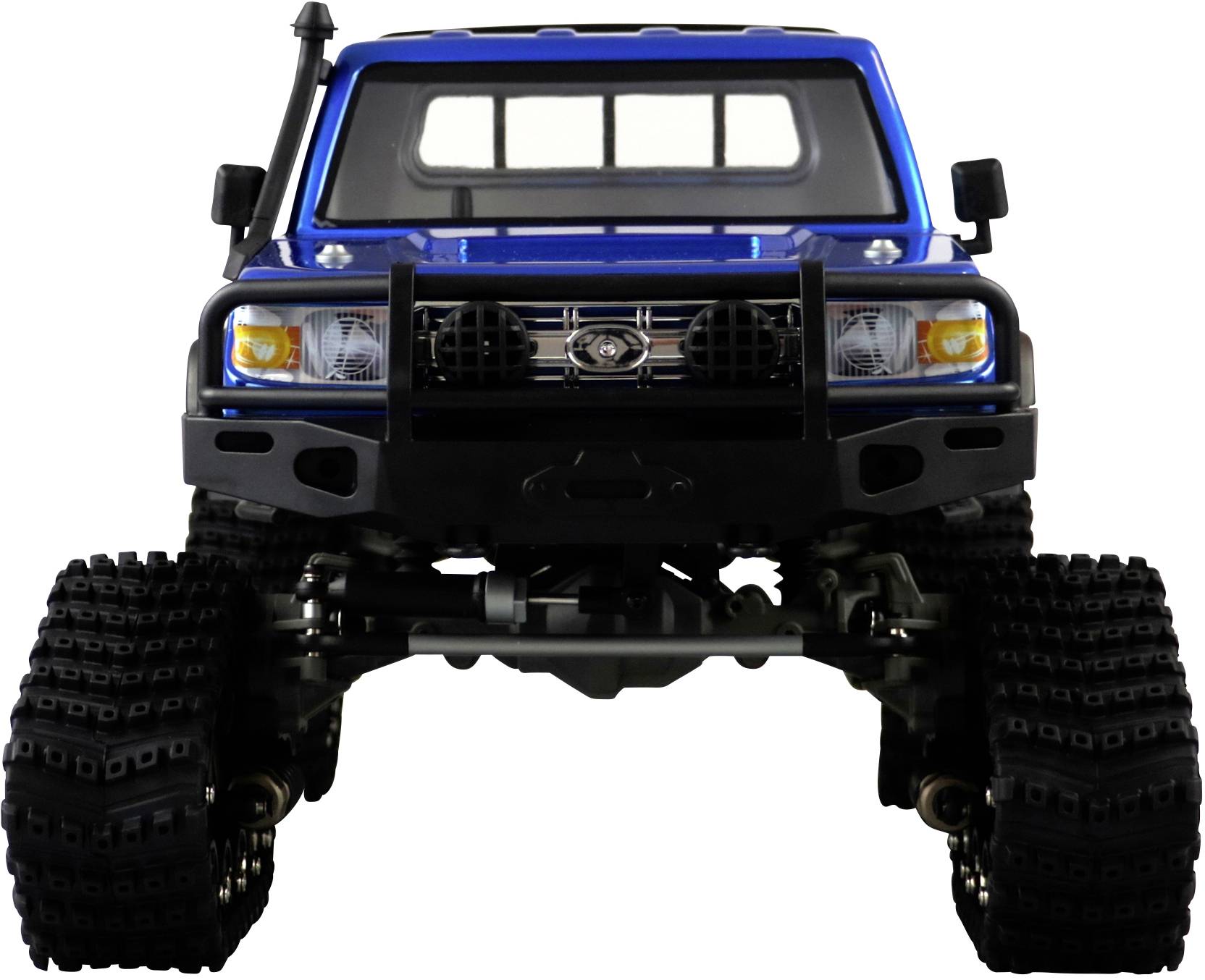 Véhicule tout-terrain télécommandé en bleu lumineux avec de grands pneus à larges crampons, vue de face.