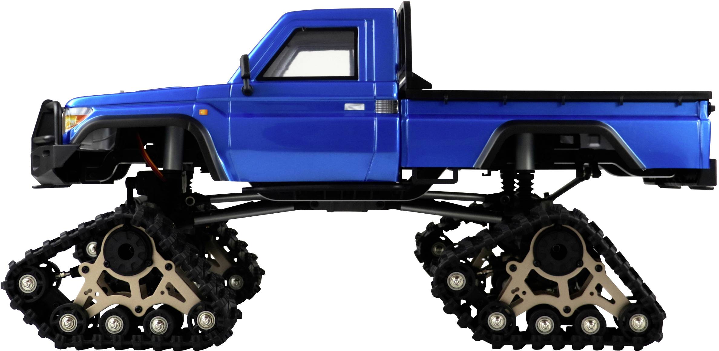 Camion bleu à chenilles au lieu de roues. Le camion est vu de côté et dispose d'une surface de chargement.