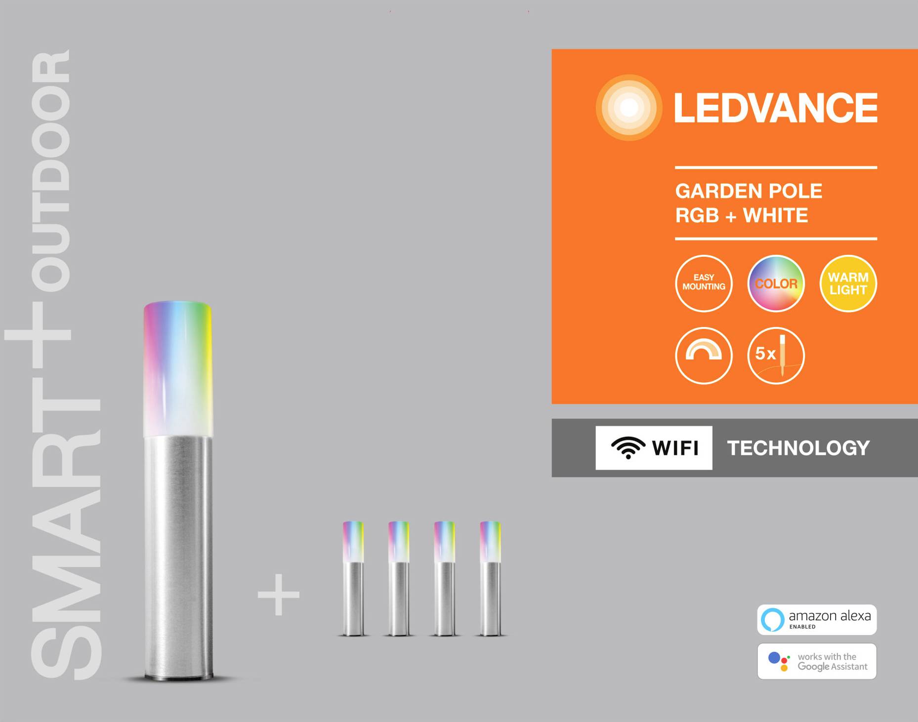 LEDVANCE 4058075478213 SMART+ GARDENPOLE MULTICOLOR RGBW WIFI Lampe de jardin LED LED LED intégrée 5.7 W argent