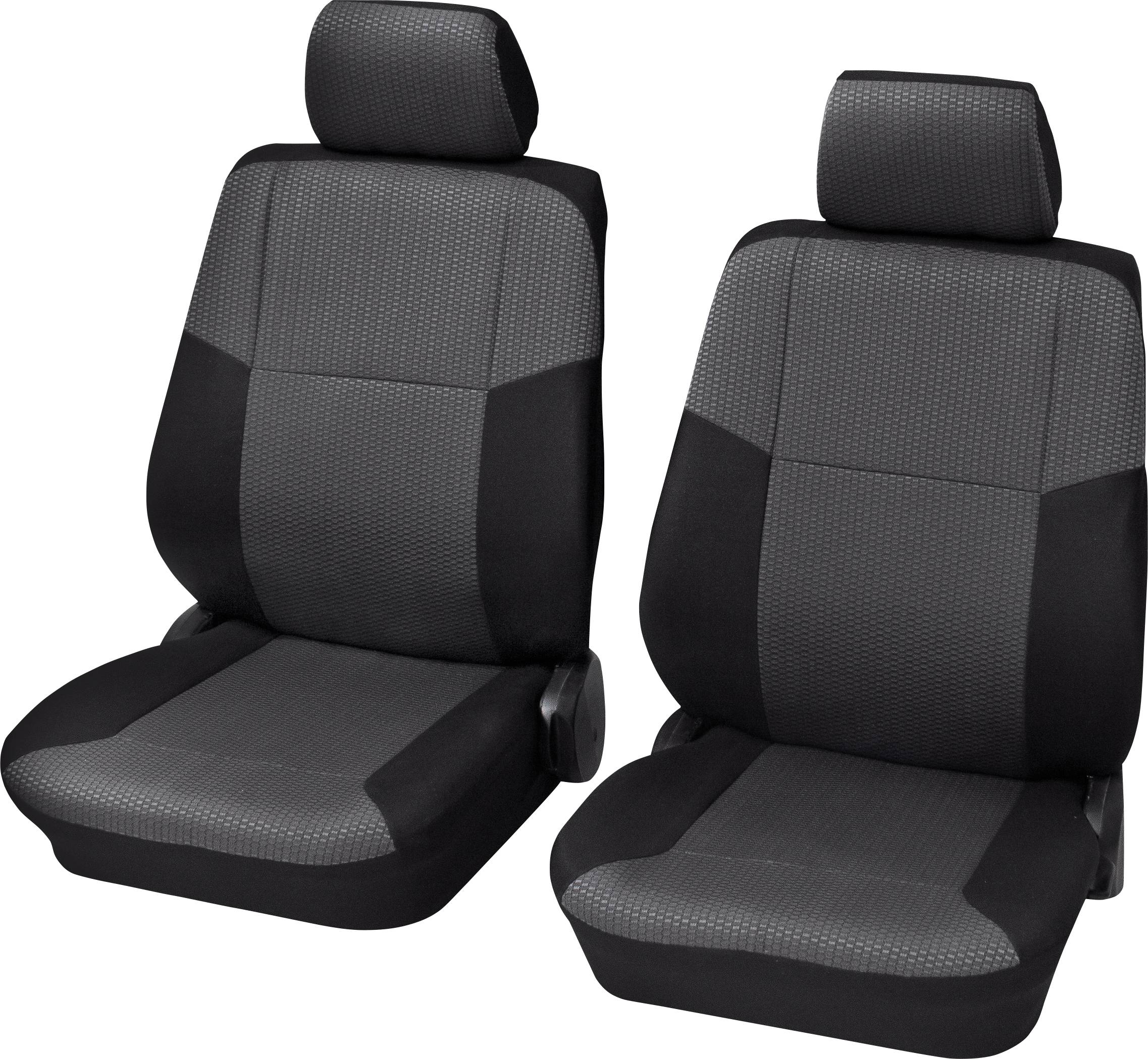 Deux housses de siège de voiture noires avec un motif gris et des appuie-têtes, alignées côte à côte, présentent un design moderne.