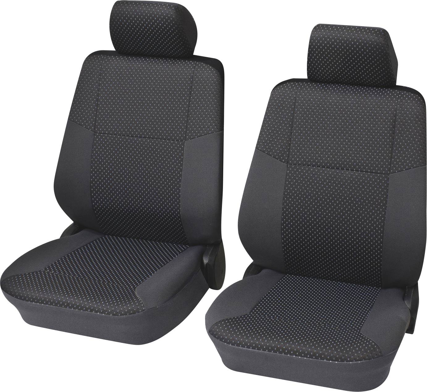 Deux housses de siège de voiture noires au design sobre, adaptées aux sièges avant. Elles offrent une protection et un confort essentiels.