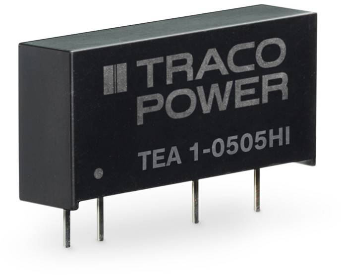 Composant électronique noir avec l'inscription 'TRACO POWER TEA 1-0505HI' et quatre broches de connexion rectangulaires à sa base.
