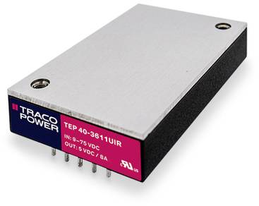 Convertisseur de tension rectangulaire de Traco Power, modèle TEP 40-3611UIR. Tension d'entrée : 9-75 VCC, Sortie : 5 VCC/8A.