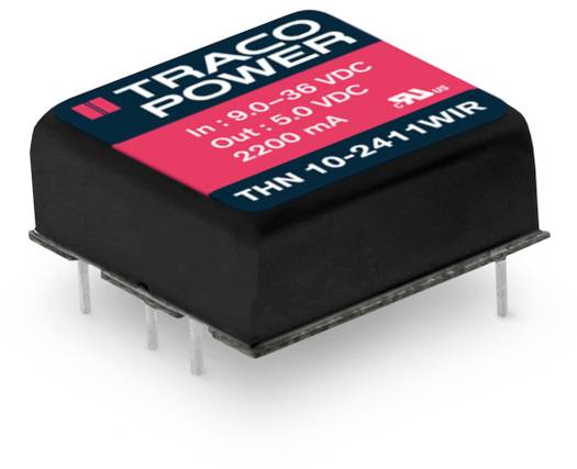 'TRACO POWER' Convertisseur de tension avec plage d'entrée de 9-36 VDC et sortie 5 VDC, 2200 mA. Design de boîtier compact noir et rouge.