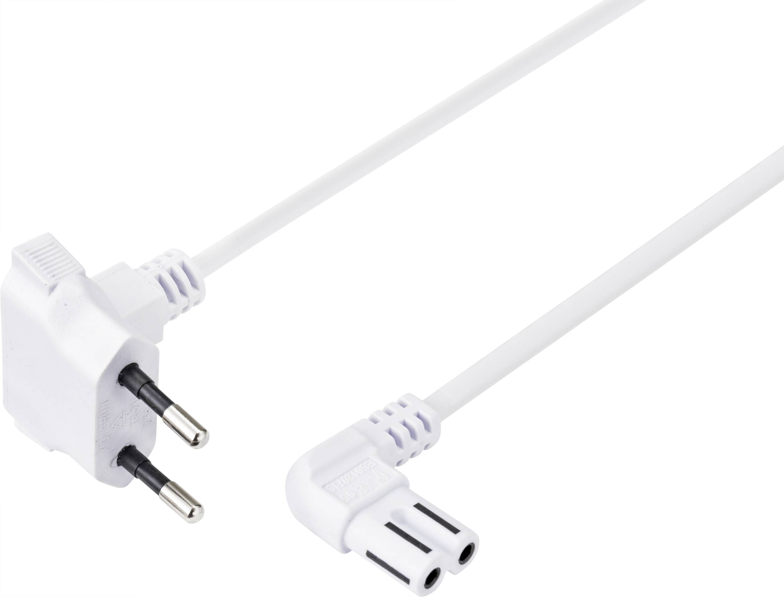 Câble réseau blanc avec une fiche européenne bipolaire d'un côté et un connecteur C7 coudé de l'autre côté.